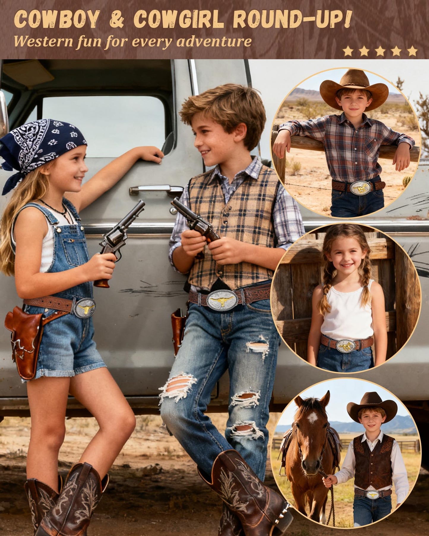 AWAYTR Kids Western Belt with Detachable Buckle - PU Leather, 3 Sizes (23"-34.5"), Adjustable for Daily Wear & Halloween (Horse Buckle-Dark Brown, Fit Waist: 30.5"-35")