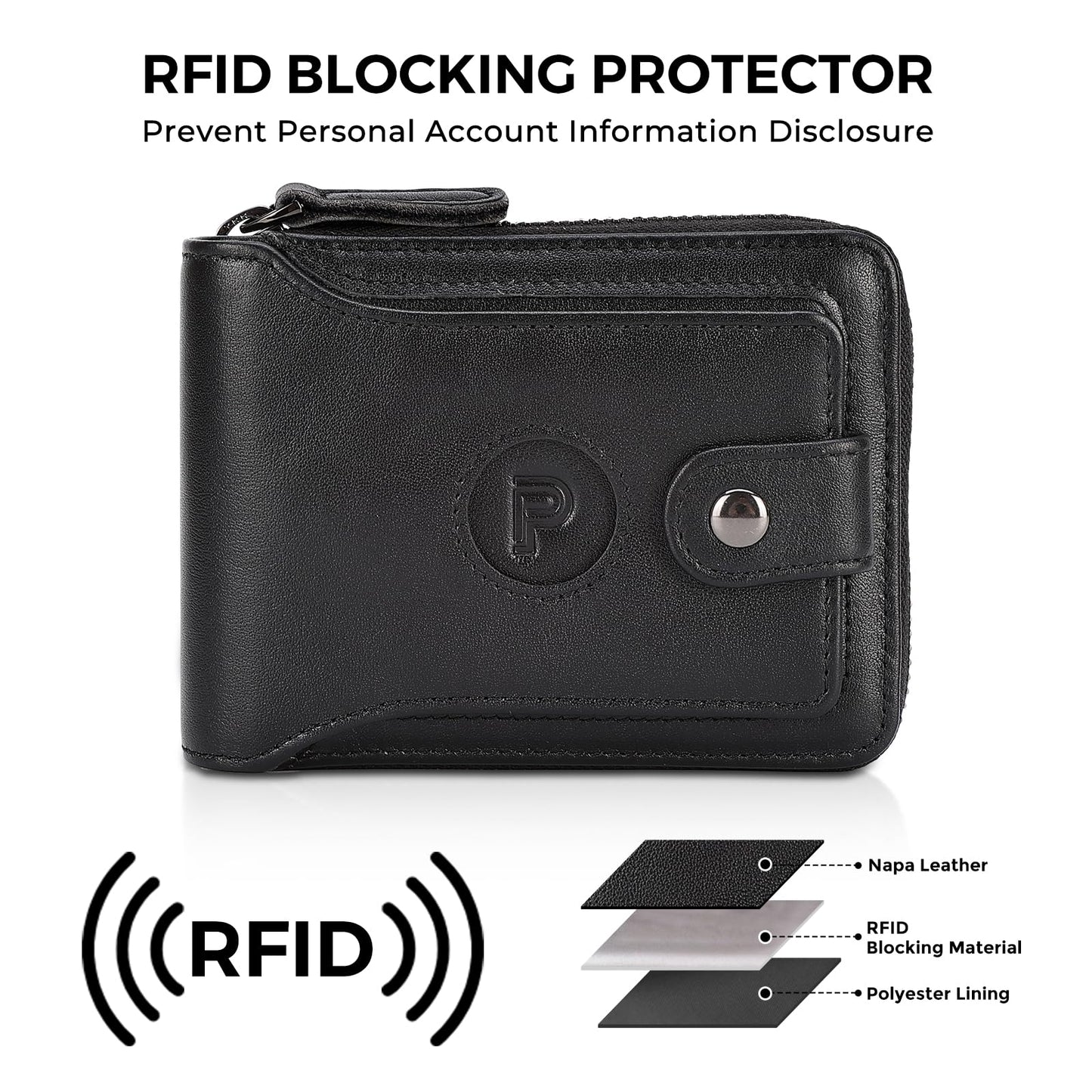 Polare Napa Leather Wallet for Men Bifold RFID Blocking Cash Credit Card Case with Air Tag Slot and YKK Zip Coin Pocket (Black with AirTag Slot)