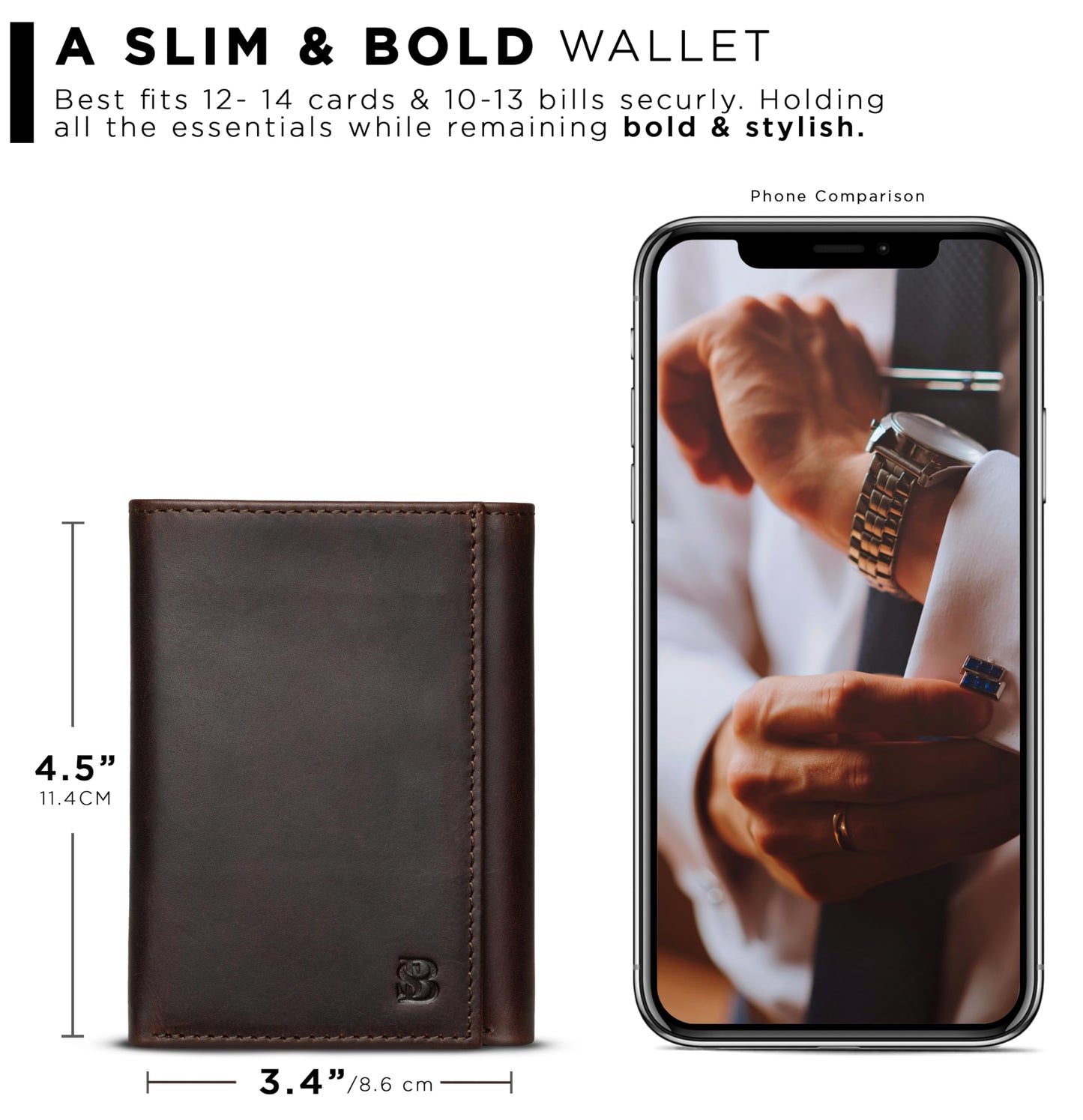 SERMAN BRANDS Trifold Wallet for Men - RFID Blocking Full Grain Leather, 11 Card Slots & ID Window, Slim Everyday Carry, Durable Stitching, Gift for Him