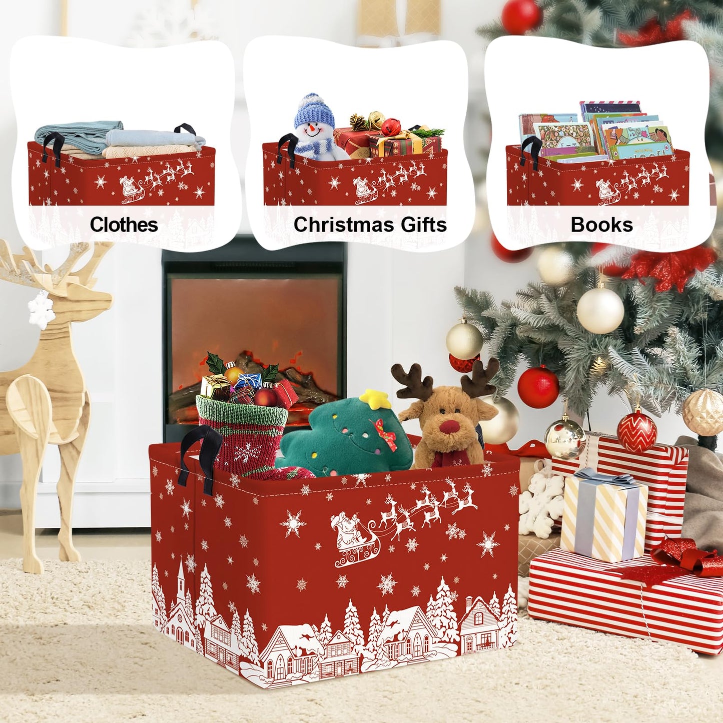 Clastyle Christmas Santa Elk Storage Basket Winter Snow House Snowflake Shelf Basket Christmas Tree Red Holiday Gift Basket Empty Collapsible Rectangle Clothes Book Toy Storage Cube