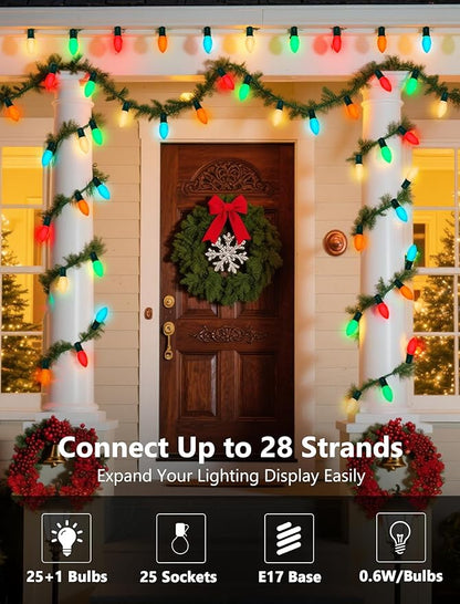 C9 Christmas Lights Outdoor, 25FT 25 LED C9 Multicolor String Lights, Steady Glow & Shatterproof, IP44 Waterproof, UL Listed, Connectable Christmas Tree Lights for Indoor/Outside Roofline & Patio