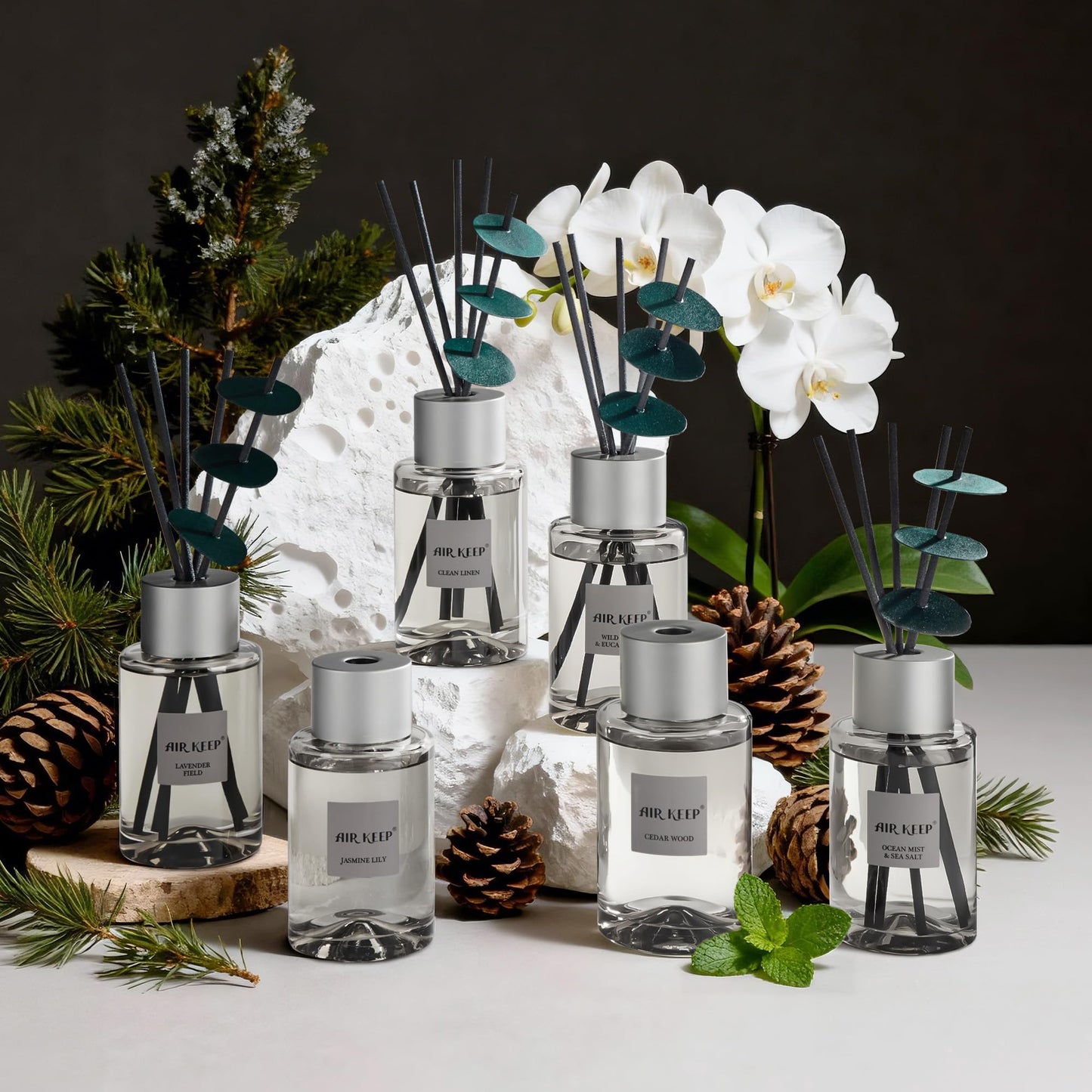 Airkeep Reed Diffuser/Grey Reed Diffuser Set/6.7 oz(200ml)/Ocean Mist&Sea Salt Oil Diffuser & Reed Diffuser Sticks/Home Decor & Office Decor, Fragrance and Gifts
