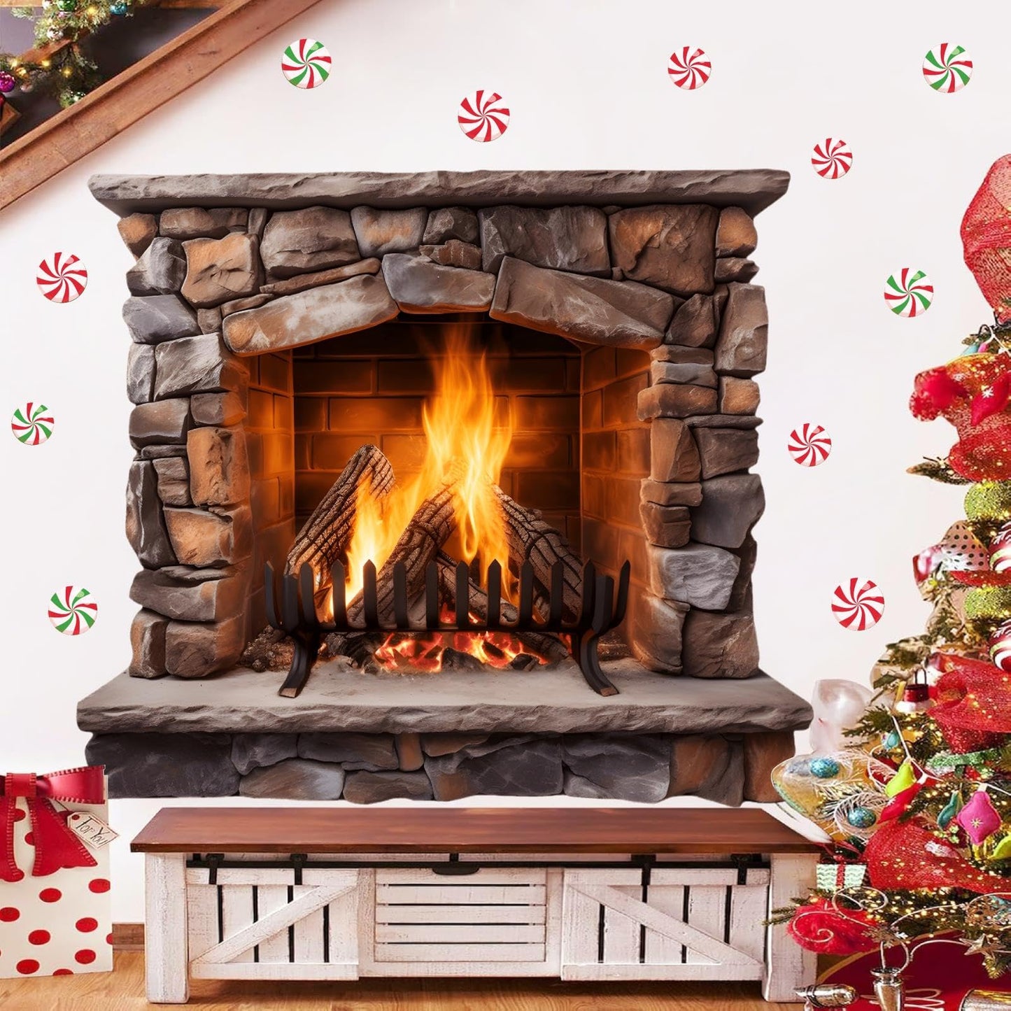 Large Christmas Wall Decals Christmas Wall Decoration Vinyl Sticker Peel and Stick Indoor Xmas Fireplace Decal for Walls Removable Peppermints Xmas Art Murals for Living Room Holiday Xmas Party Supply