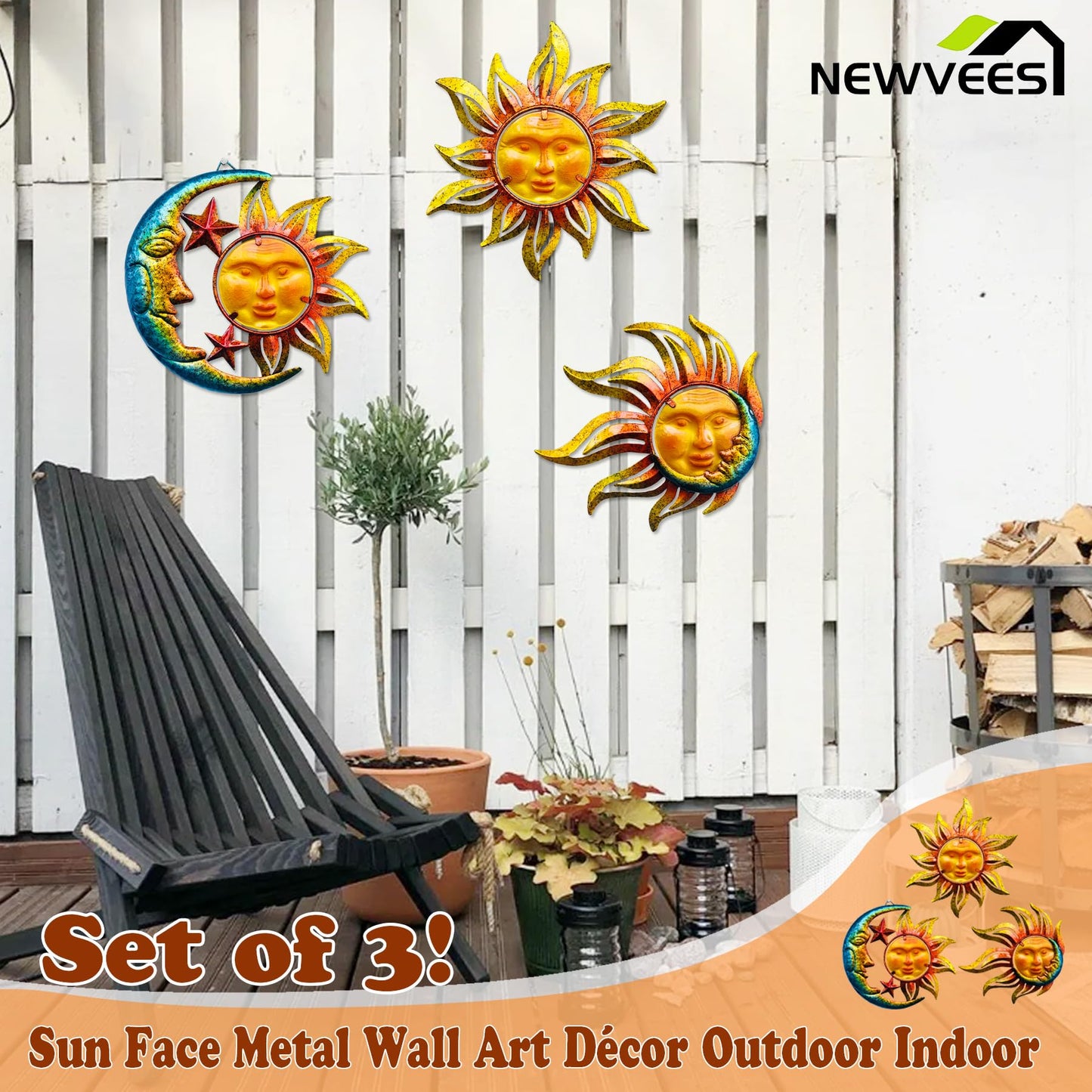 NewVees Sun Face Metal Wall Art Décor Outdoor Indoor, Sun Moon Star, Metal Glass Hanging for Garden Sun Face Sculptures & Statues Statues Wall Art for Farmhouse, Patio, Garden Decoration(3 Pack)