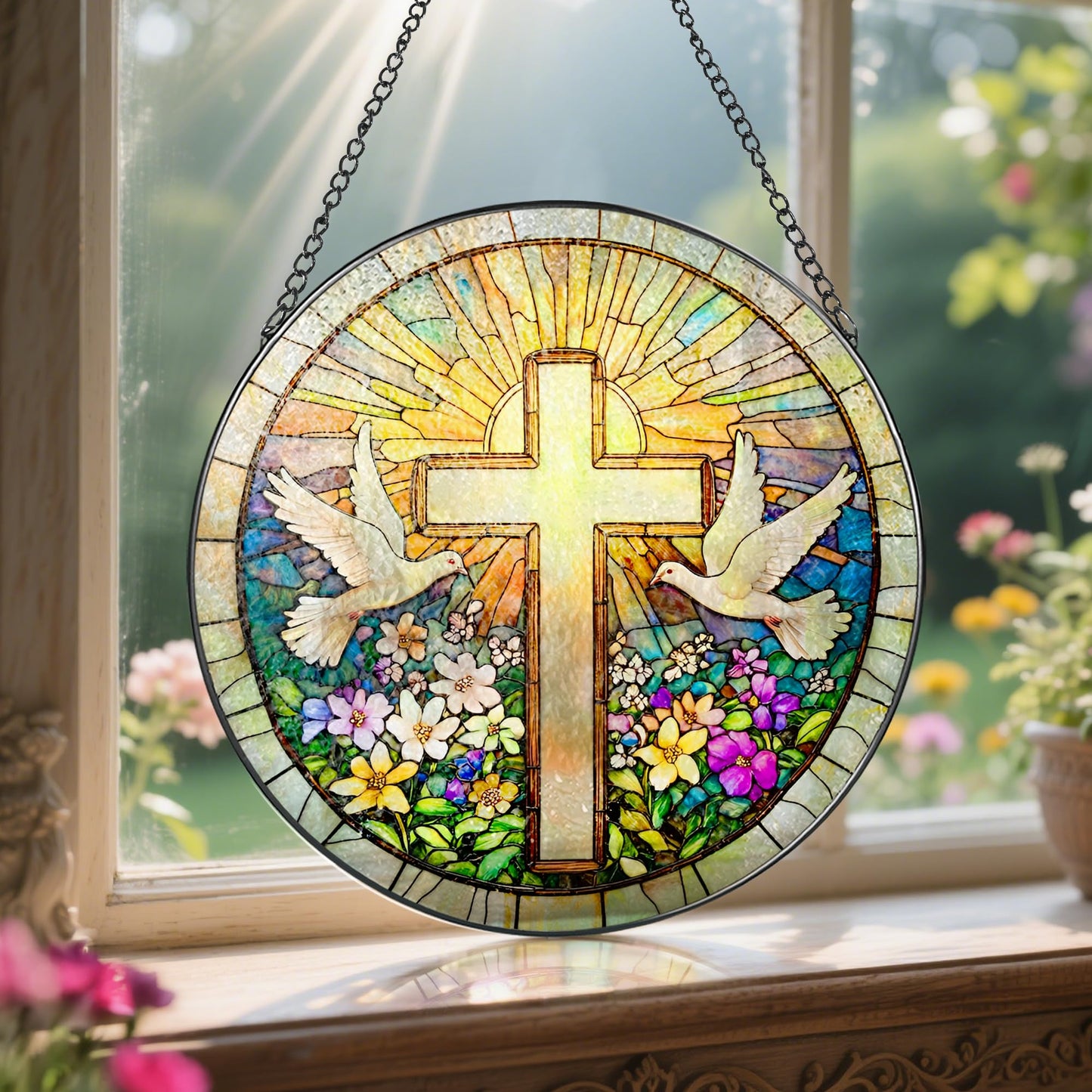 Cross and Wildflowers Stained Glass Suncatcher, 8 Inch Christian Stained Glass Windows Hanging, Flower Cross Gift for Religious, Christian Gifts, Easter Faith Home Decor