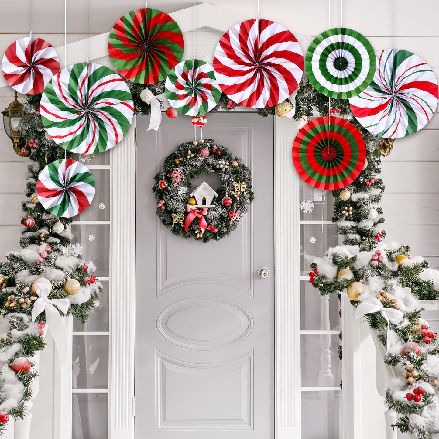 Outus 27 Pcs Christmas Hanging Decorations Candy Paper Fans Peppermint Hanging Paper Fans Candy Cane Ceiling Wall Decor for Christmas Party Classroom Birthday Party (Fresh)
