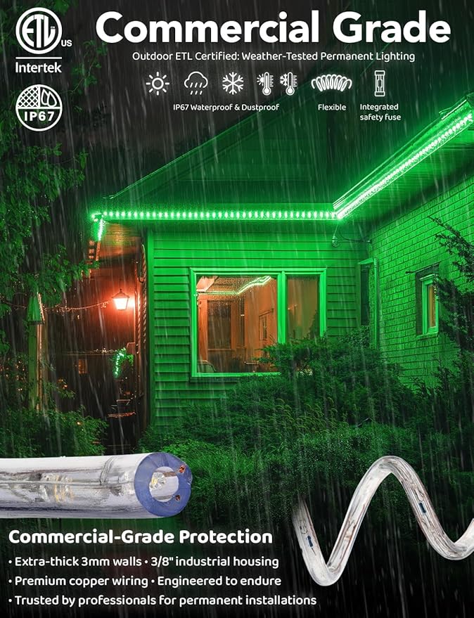 WYZworks 3312LEDs 300ft LED Outside Rope Lights, Outdoor ETL Certified Waterproof Permanent 360 Degree Flexible Bend & Light Emitting, Connectable, Christmas Palm Tree Exterior Landscape, Green