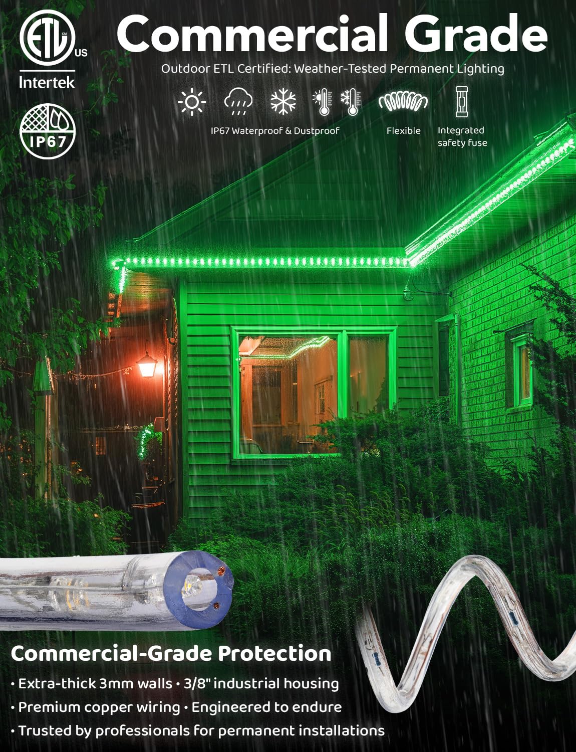 WYZworks 576LEDs, 50ft LED Outside Rope Lights, Waterproof Permanent Outdoor ETL Certified Connectable Clear Tube, Christmas Palm Tree Holiday Decorative Landscape Patio Accent Lighting - Green