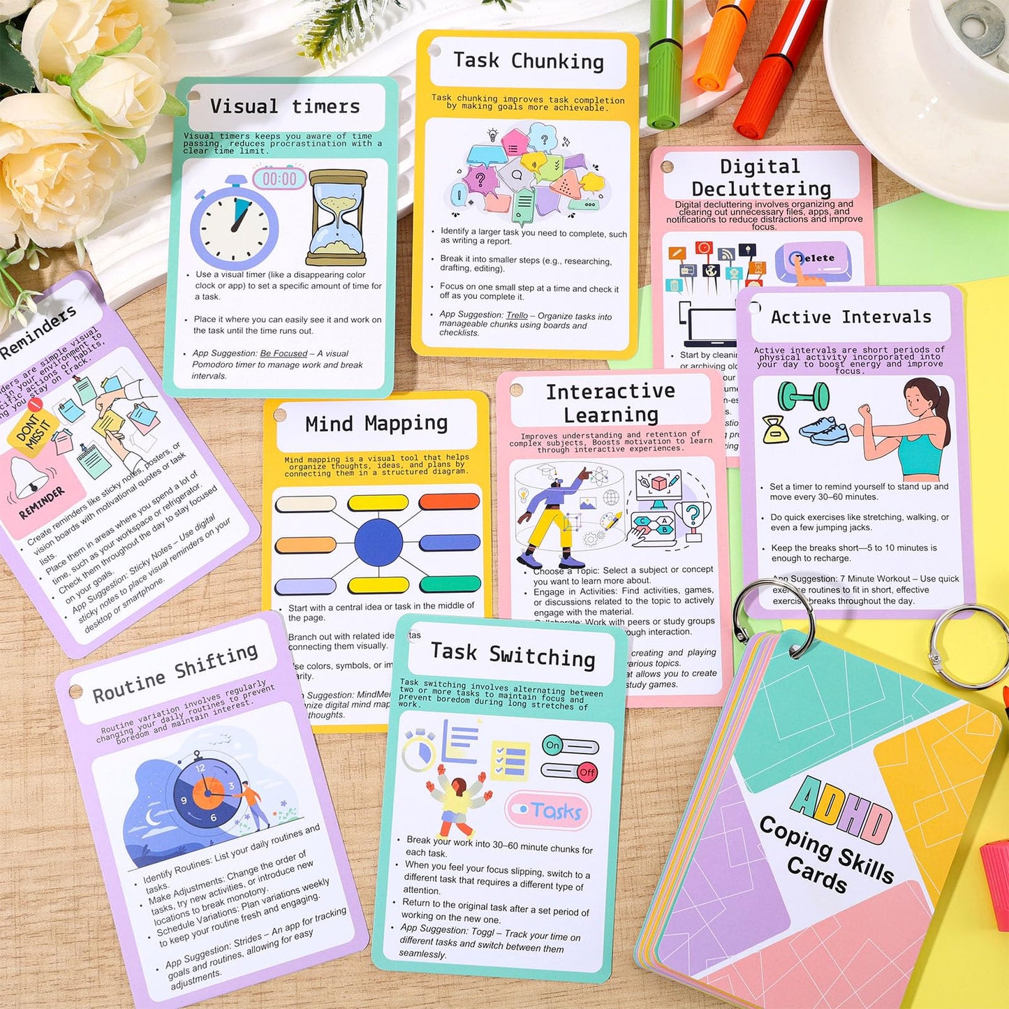 25 Pcs ADHD Coping Skills Cards Emotional Regulation Tool Time Management Therapy Stress Relief Calm Down Corner Supplies Focus Training ADHD Tools for Adults Teens