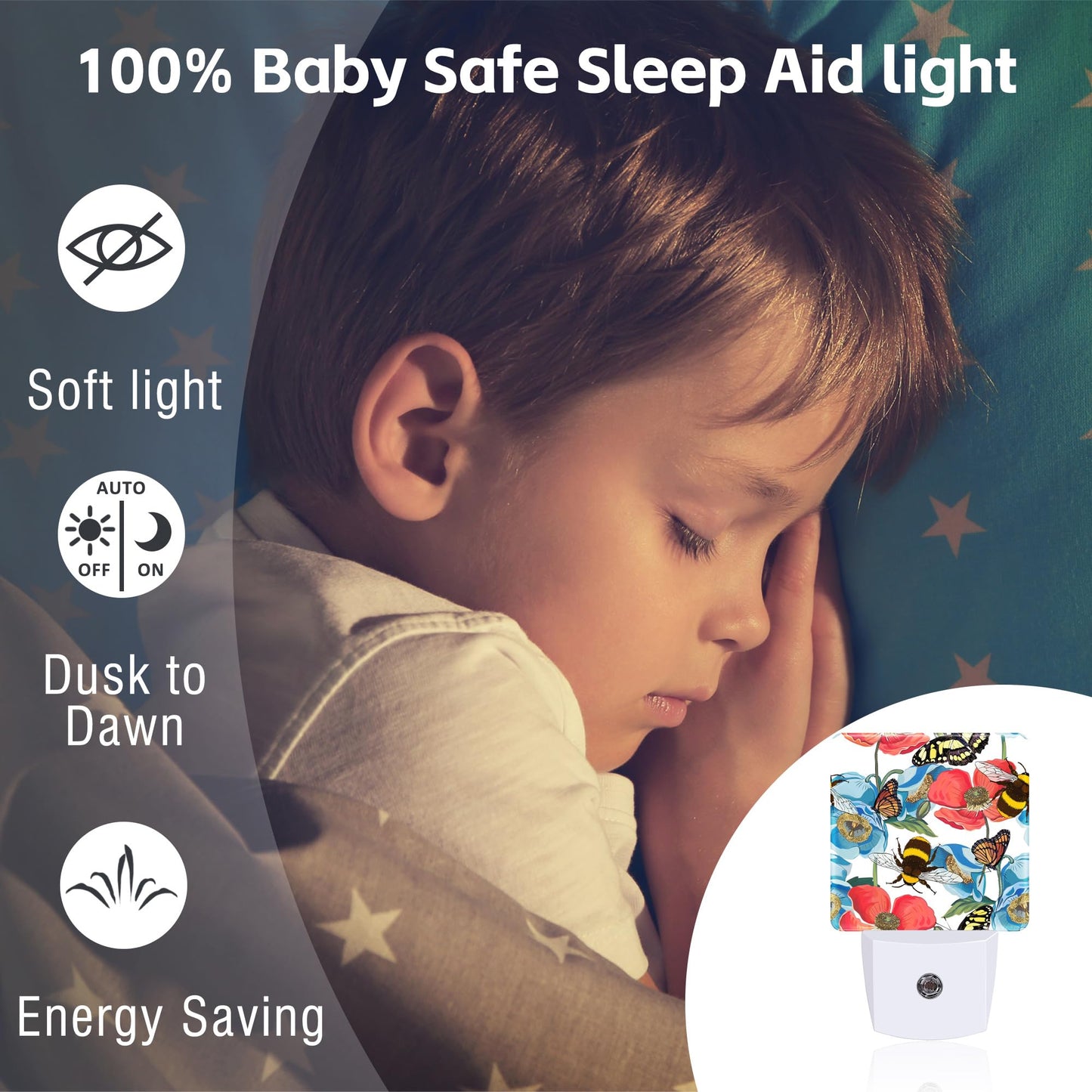 Red Poppy Flowers with Bee Butterflies Night Light for Kids,Bright Floral Insects Night Light Plug in with Dusk to Dawn Sensor,0.5w Energy Saving Nightlight for Hallway Stairway Kitchen Bedroom