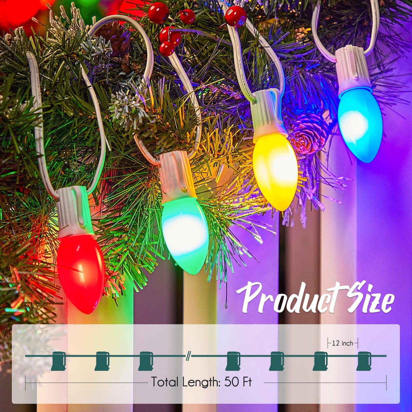 C9 Light Strand, 50 FT Outdoor String Lights Christmas Stringer with 50 Sockets for Christmas Decor Patio, E17 Light Socket, 12 Spacing, White Wire