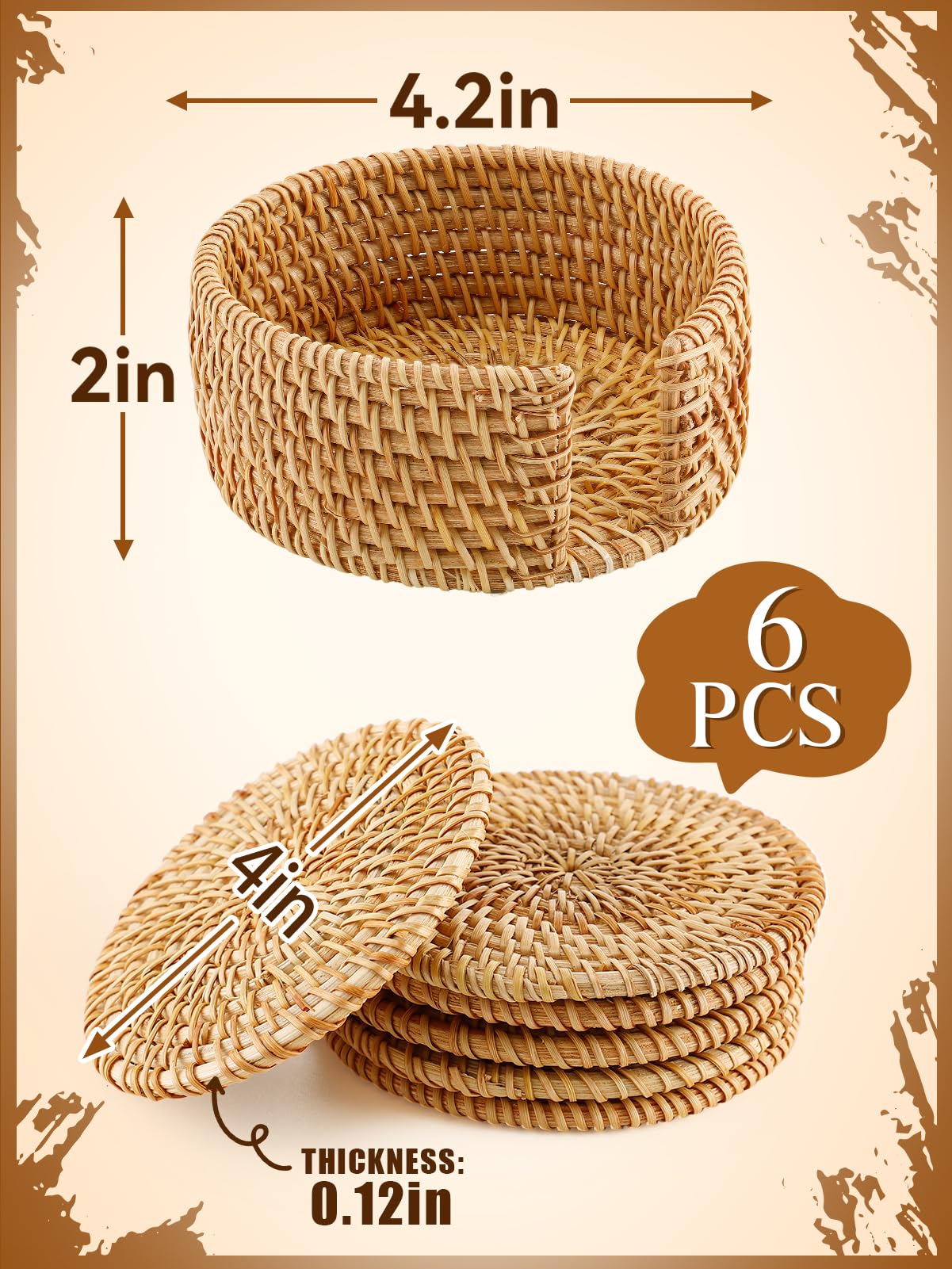 6pcs Natural Handmade Rattan Coasters with Holder - Wicker Drink Coasters Set, Housewarming Gifts Boho Summer Home Coastal Decor