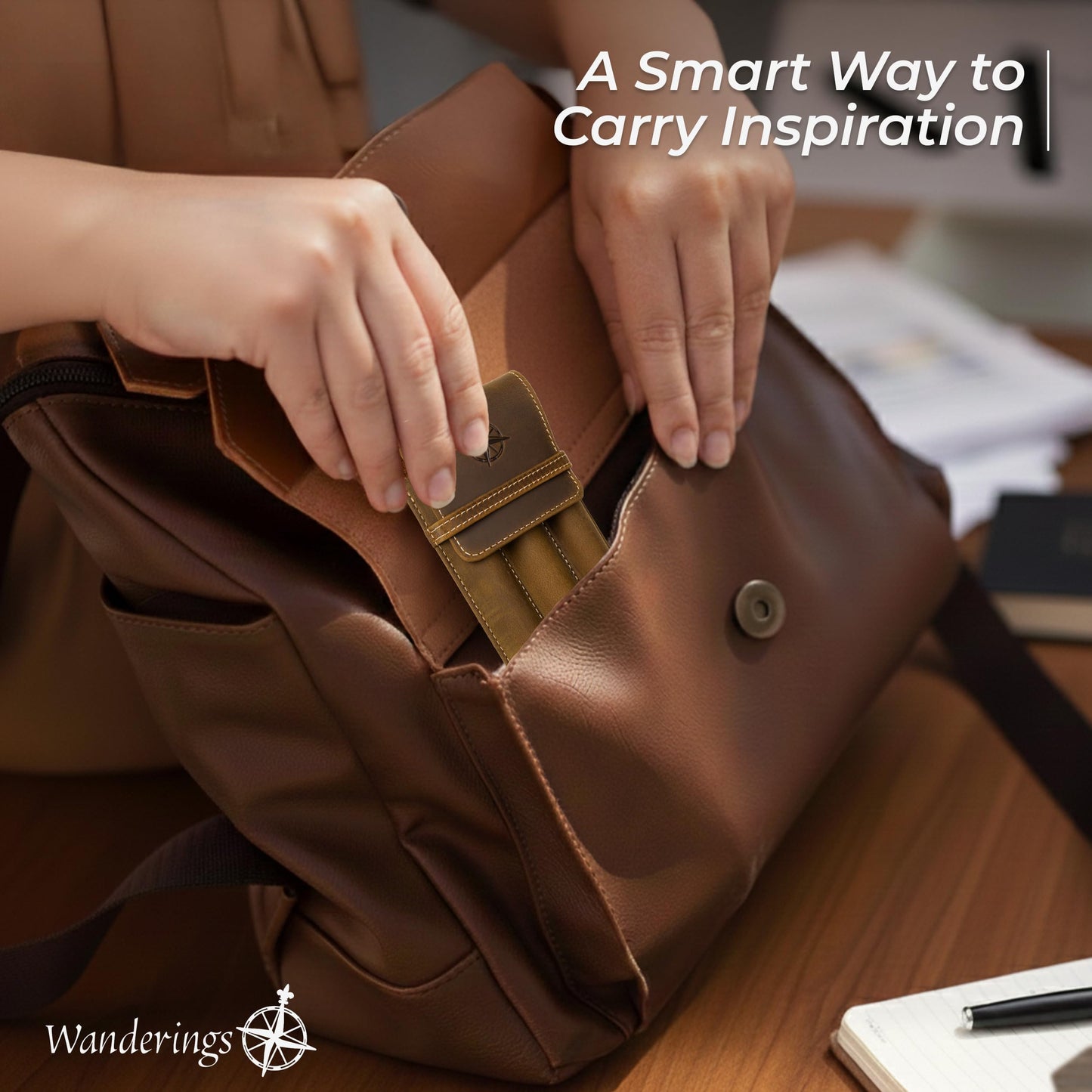 WANDERINGS Vintage Leather 3-Slot Pen Pouch – Handcrafted Brown Pen Case – Individual Leather Pen Sleeves for Fountain Pens, Rollers & Ballpoints – Pen Holder for Men and Women – 3.4" x 6" x 0.8"