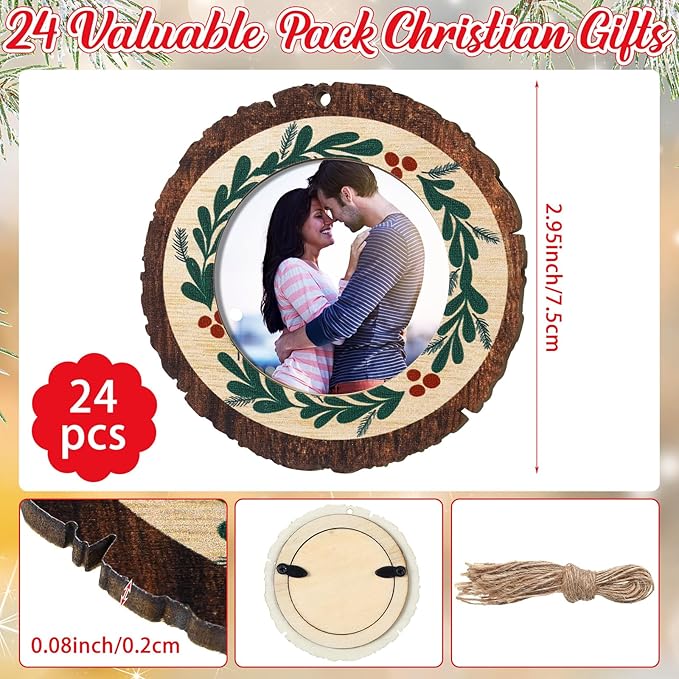 Blulu 24 Pcs Christmas Pictures Frame Ornaments Bulk Rustic Wooden Photo Ornaments Hanging Picture Frames Christmas Memories Gifts Keepsake for Tree