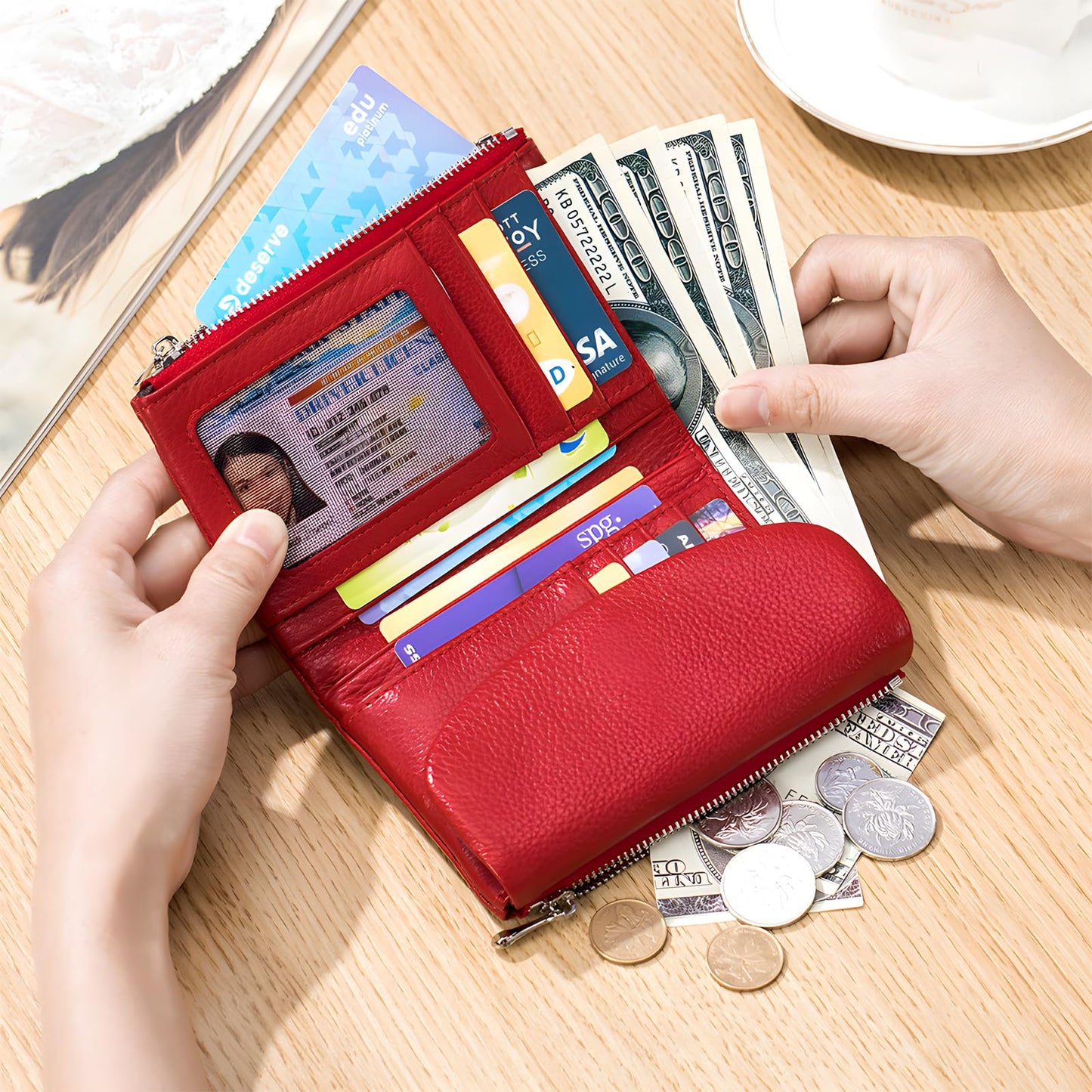Unisex Pebble Leather Wallet, 5.3In Short Genuine Leather Coin Card Holder, Two zippered pockets, Unisex Clutch Bags, Can Hold Coins, Cards, Id Cards (Dark blue)
