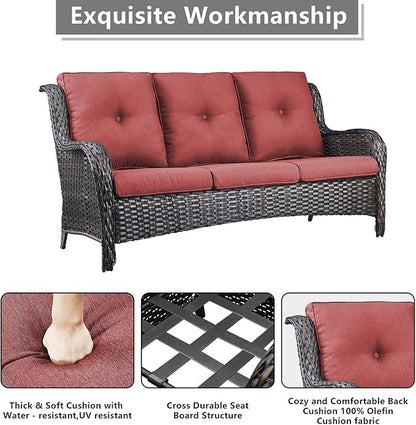 Rilyson Wicker Patio Furniture Set - 7 Piece Rattan Outdoor Sectional Conversation Sets with 2 Rocking Swivel Chairs,2 Ottomans,1 Sofa,1 Loveseat and 1 Coffee Table for Porch Deck Garden(Brown/Red)