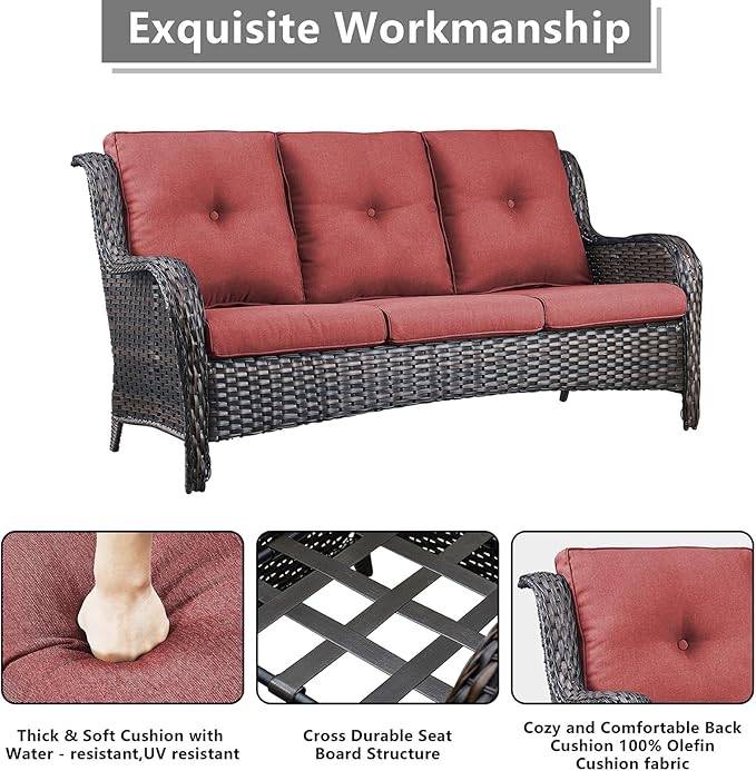 Rilyson Wicker Patio Furniture Set - 6 Piece Rattan Outdoor Sectional Conversation Sets with 2 Rocking Swivel Chairs,2 Ottomans,1 Sofa and 1 Loveseat for Porch Deck Garden(Brown/Red)