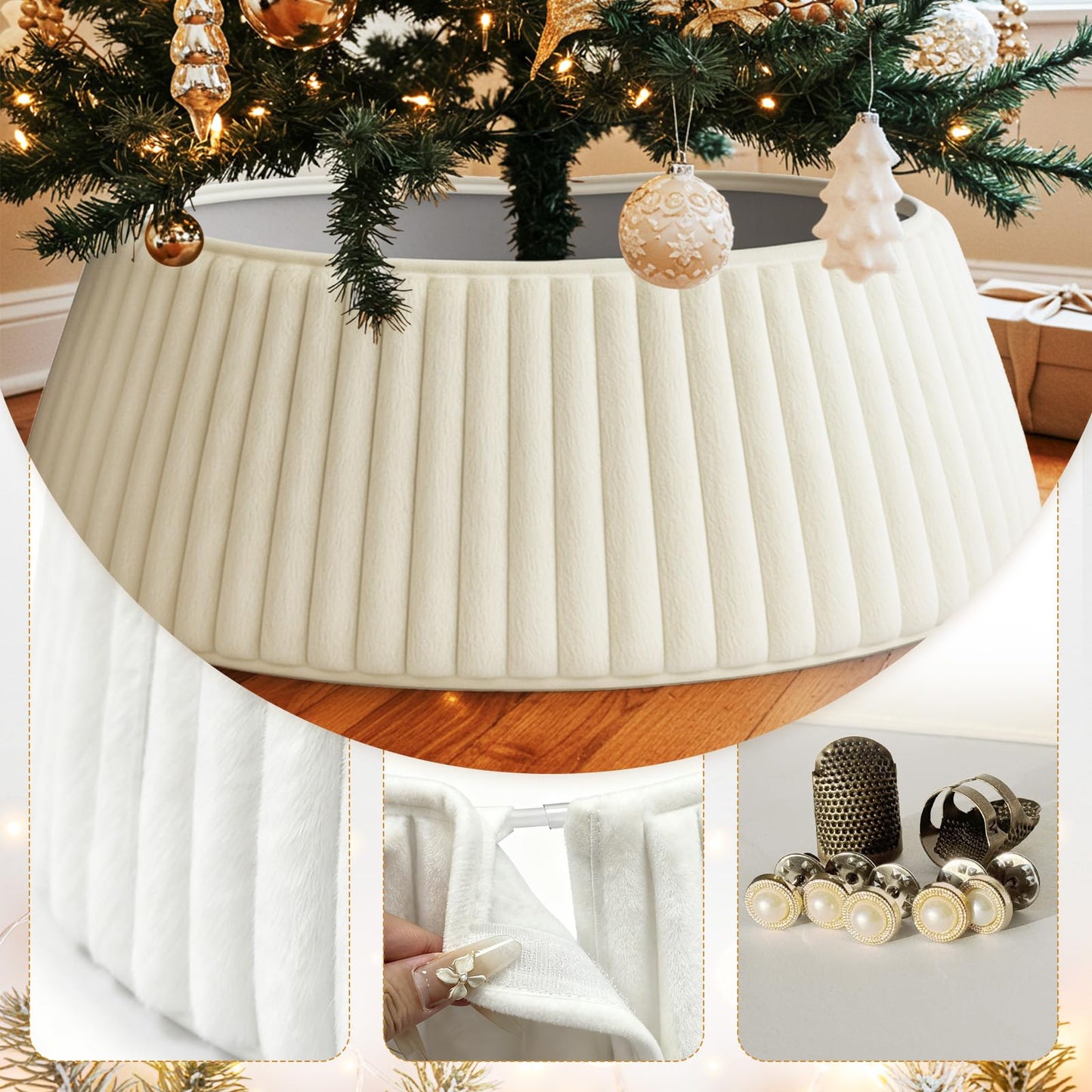 OurWarm White Christmas Tree Collar, Luxury Plush Faux Fur Tree Collar with Stripe Textured Pattern, Soft Fluffy Xmas Tree Ring Boho Tree Skirt for Holiday Decorations Indoor Home Decor
