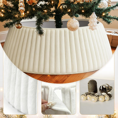 OurWarm White Christmas Tree Collar, Luxury Plush Faux Fur Tree Collar with Stripe Textured Pattern, Soft Fluffy Xmas Tree Ring Boho Tree Skirt for Holiday Decorations Indoor Home Decor