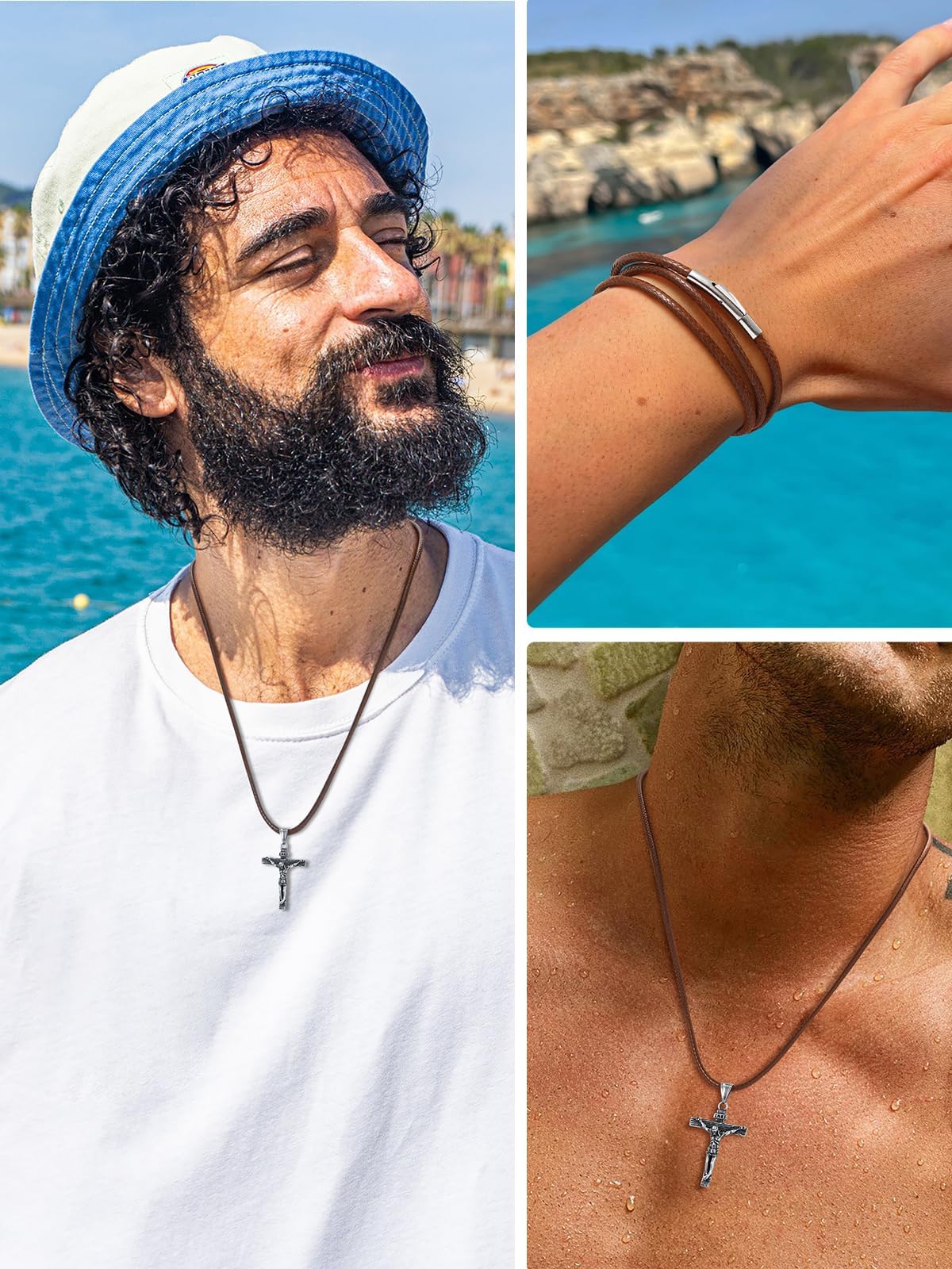 U7 Men Women Braided Leather Cord Necklace with Stainless Steel Snap Clasp 3mm Wide DIY Waterproof Woven Brown Rope Chain 20 Inch
