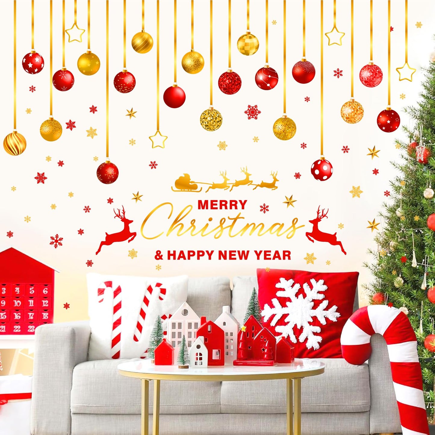 Christmas Bell Wall Stickers Large Ornament Wall Decals Peel and Stick Merry Christmas New Year Wall Decals Clings Holiday Red Gold Snowflake Hanging Bells Window Sticekrs Xmas Party Decoration
