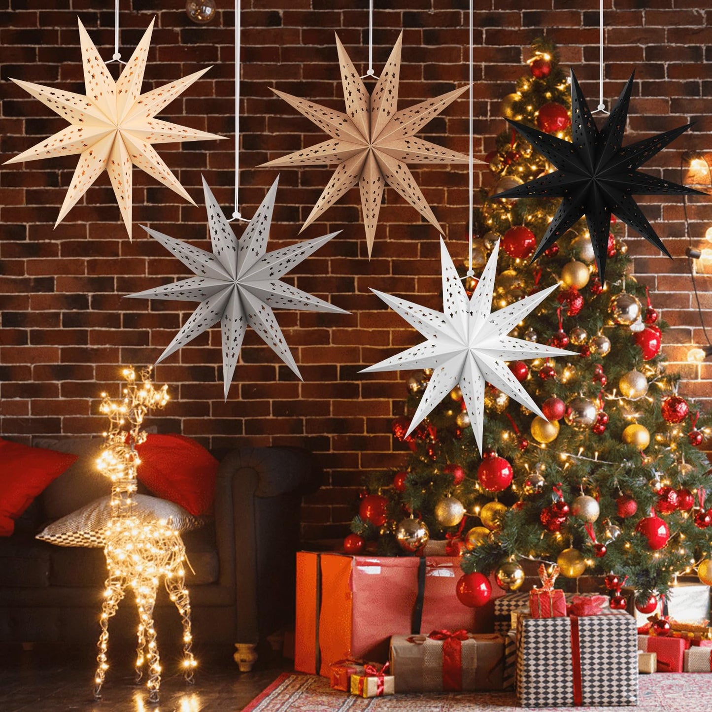 SUNBEAUTY 9-Pointed 12 Inch Hollow Out Paper Star Lanterns Brown White Gray Christmas Lanterns Hanging Lamp Paper Decorations Shade Wedding Birthday Christmas Home Party Decorations