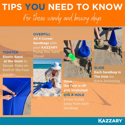 KAZZARY Beach Tent, UPF50+ 10x10 ft Sun Shade Canopy with Sandbags, 4 Stability Poles, Ground Pegs, Flying Disc Sand Shovel. Lightweight Sunshade Shelter, 7ft Tall for Camping Outdoor Trips and Sports