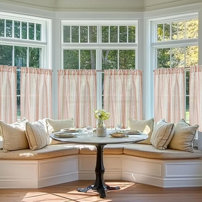 jinchan Striped Linen Kitchen Curtains 24 Inches Christmas Tier Curtains Farmhouse Modern Cafe Style Small Window Treatments Airy Light Filtering Rod Pocket for Living Room Bathroom 2 Panels Candy