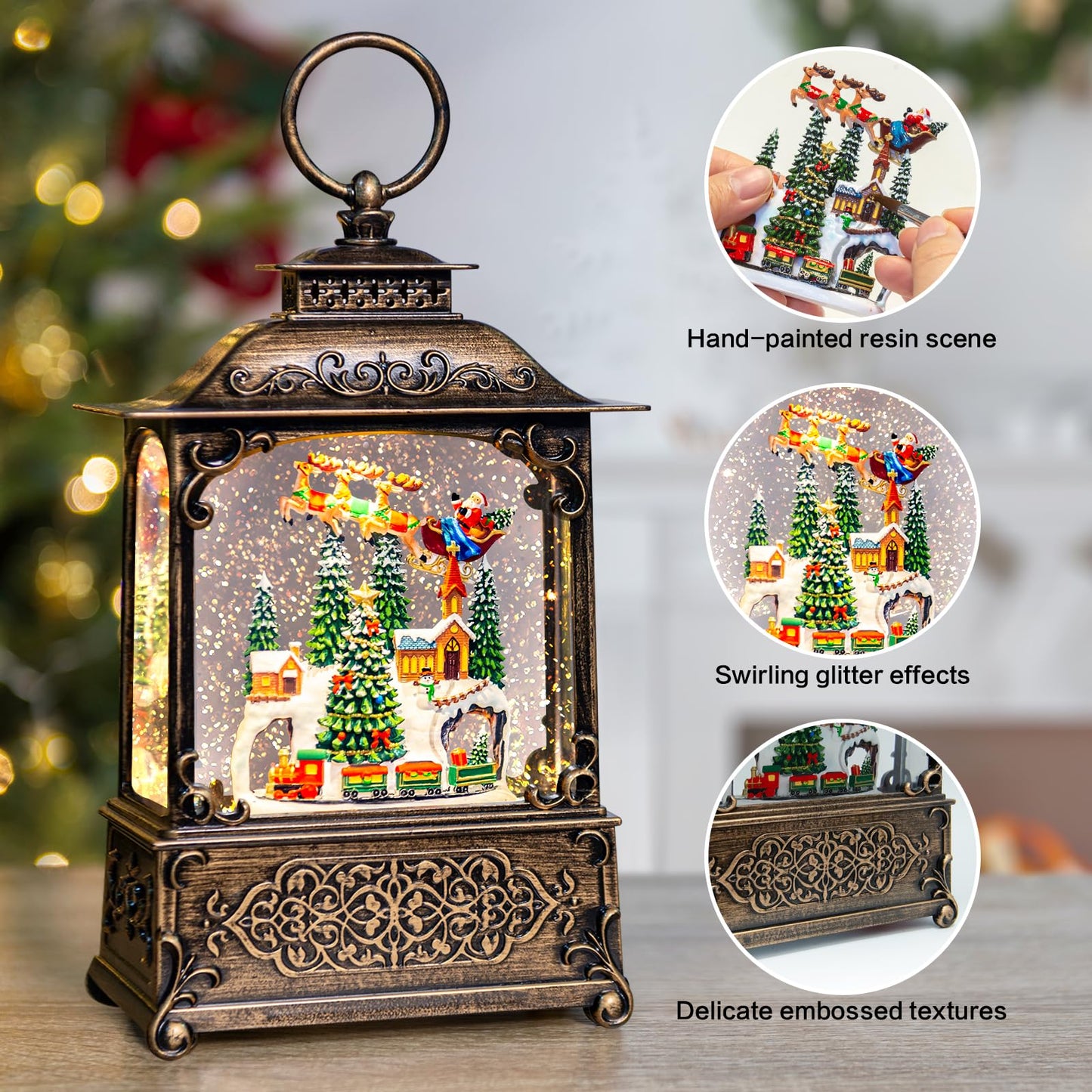 Christmas Snow Globes Lantern with Music, Winter Village Scene Snow Globes with Swirling Glitter Effects, USB/Battery Powered with 6-Hour Timer, Christmas Decorations
