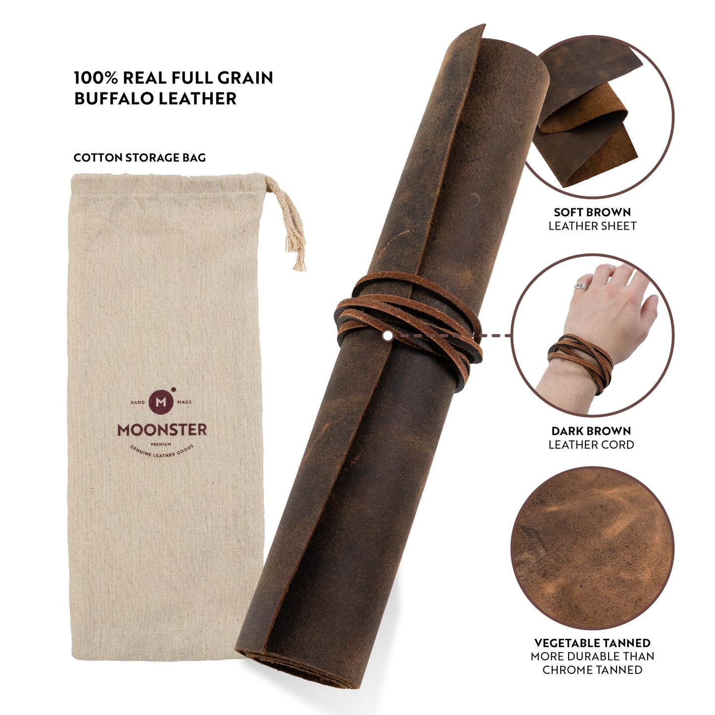 Moonster Genuine Leather Sheets for Crafts, Tooling Leather Sheet 12" x 24" – Full Grain Buffalo Fabric, Crafting Kit, Veg Tan Hide for DIY Projects with 36" Cord – Soft Brown