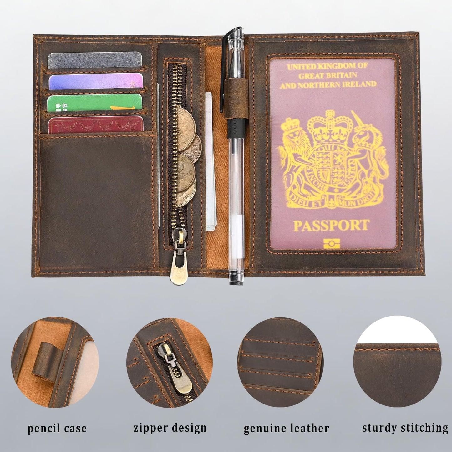 Leather Passport Holder Passport Cover Wallet with Card Holders, Travel Wallet Cover Case for Men and Women, Travel Documents Organizer Protector