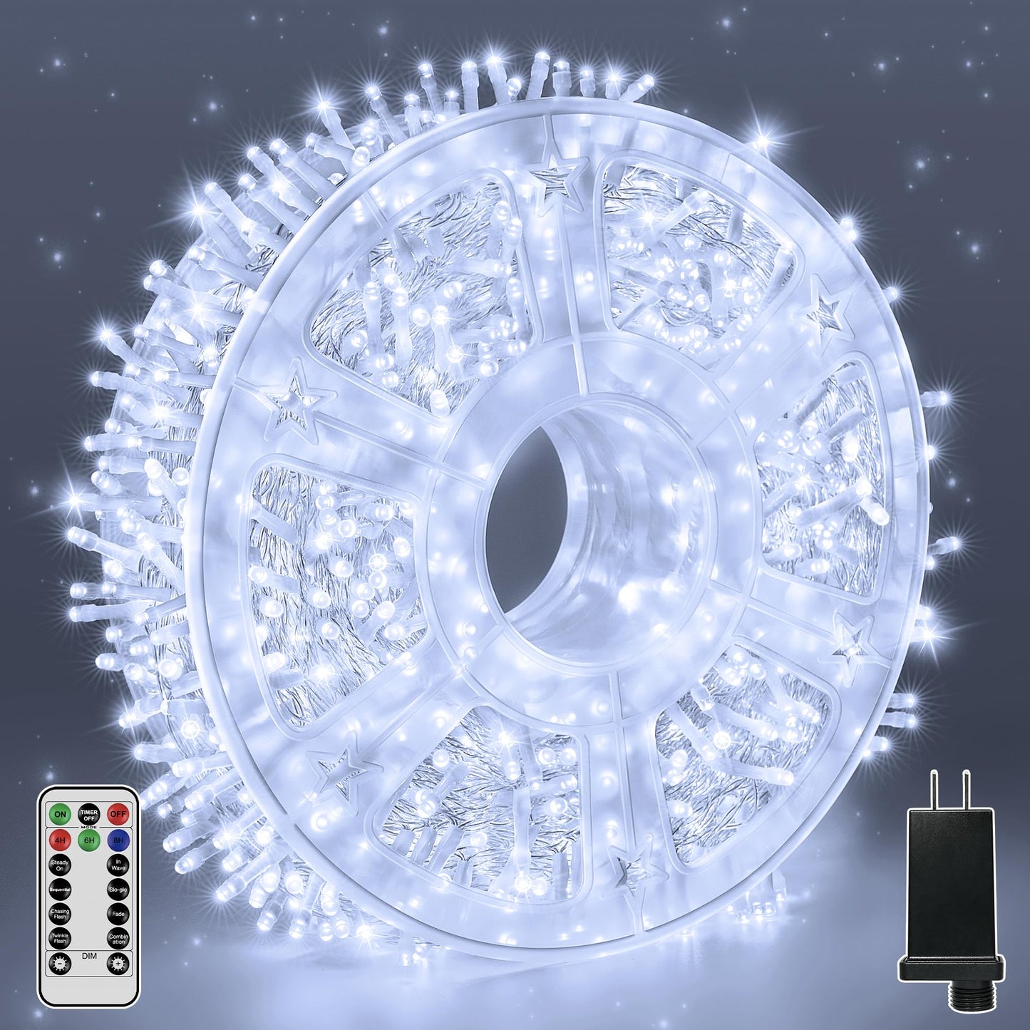 Guhope Christmas Lights 600LED 98FT, Waterproof Outdoor String Lights with Remote and Timer, 8 Modes Dimmable Fairy Lights for Indoor Outdoor Wedding Party Holiday Decorations (Cool White)