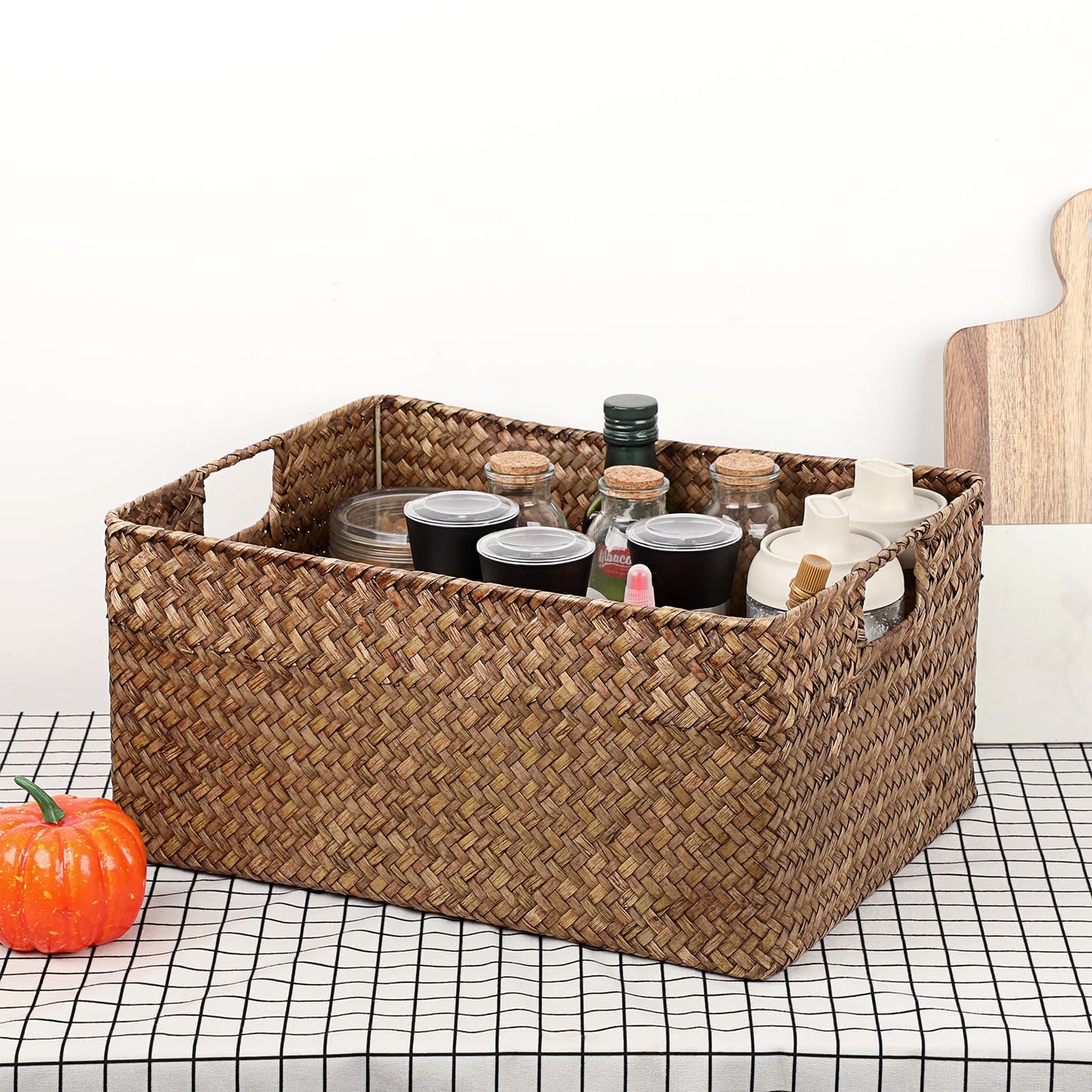 Hipiwe Seagrass Storage Baskets Bin for Shelf Handwoven Wicker Baskets Built-in Handles Rectangular Closet Bedroom Organizer Box Multipurpose Storage Basket Organizer,16.1"L x11.8"W x7.7"H