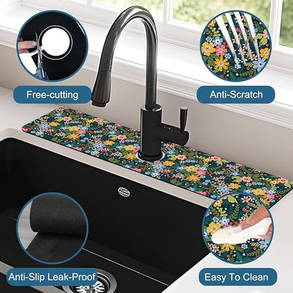 Colorful Flower Kitchen Sink Splash Guard Faucet Mat Flowers Leaves Super
