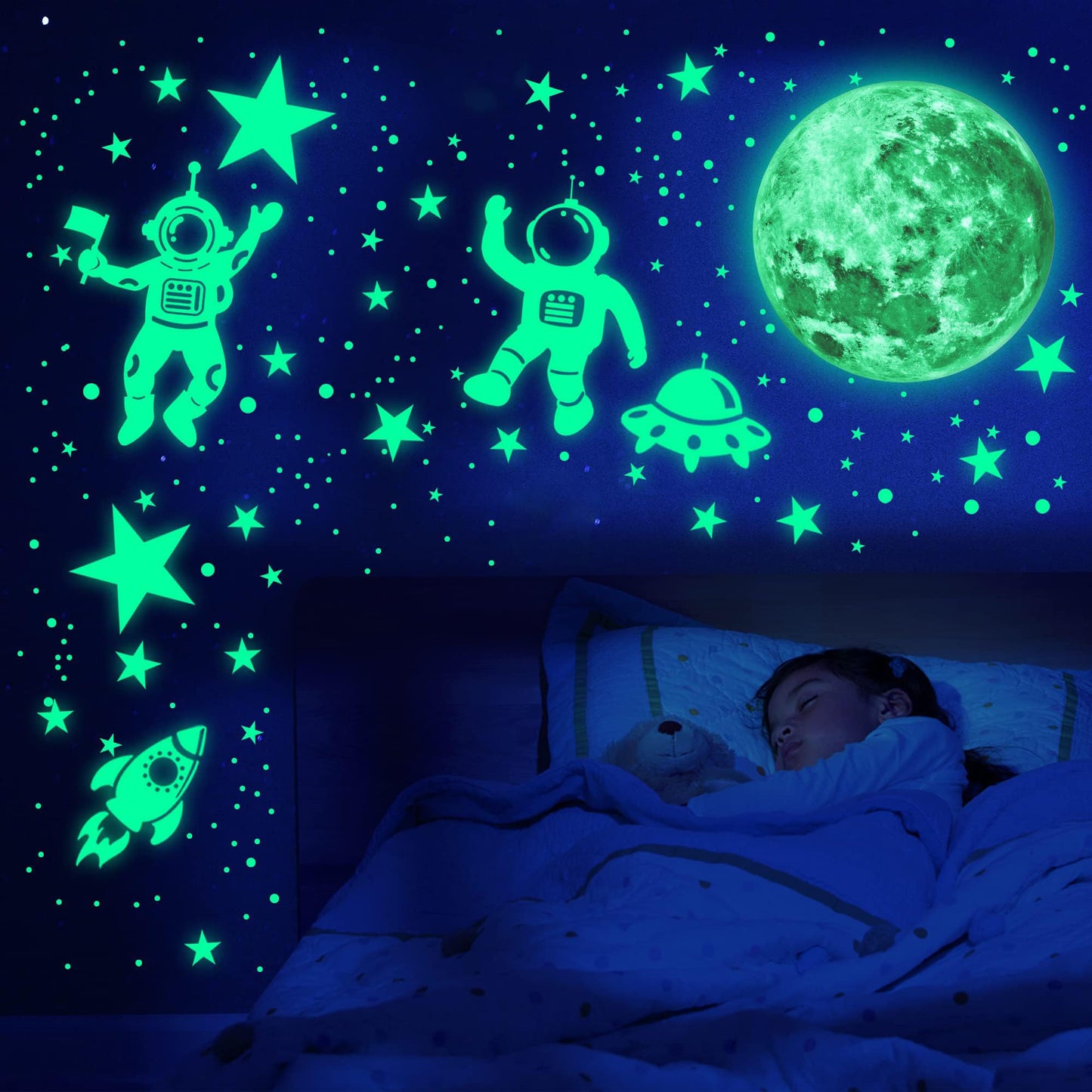 Glow in The Dark Stars for Ceiling Glow in The Dark Moon and Space Wall Decals Luminous Astronaut Universe Planet Galaxy Wall Stickers Outer Space Decal for Kids Boys Girls Bedroom Christmas Gift