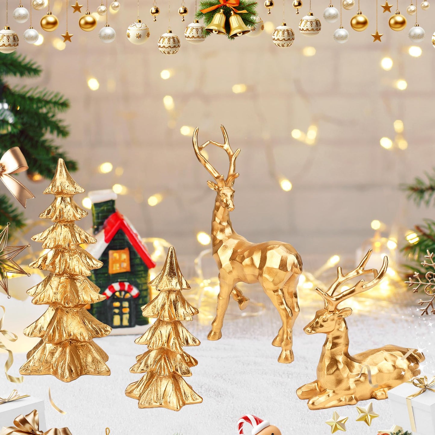 2 Pcs Christmas Tree Figurines and 2 Pcs Christmas Reindeer Figurines, Gold Tabletop Christmas Decorations Resin Christmas Tree and Elk Statues for Table Centerpieces Desk Shelf Fireplace Decor