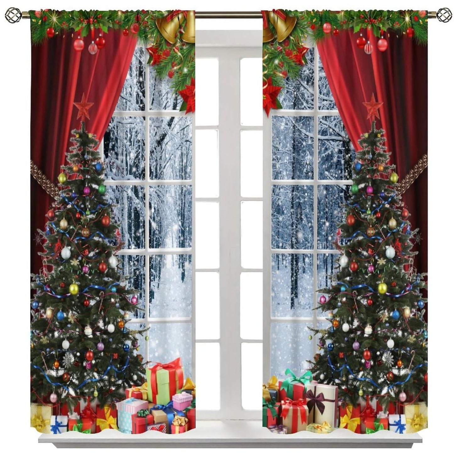 ICMOLYYENLO Merry Christmas Curtains, Merry Christmas Glitter Snowflake Window Decorations, Suitable for Living Room Bedroom Kitchen Holiday Party, Red New Year Curtains 42x44 Inches