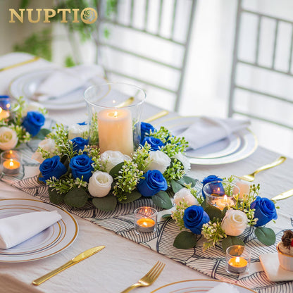 NUPTIO Small Wreath for Table Centerpieces: 9.05 Inch Royal Blue & White Flower Candle Rings for Wedding Party Christmas - Rose Wreaths for Spring Summer Front Door Porch Decor 6 Pcs