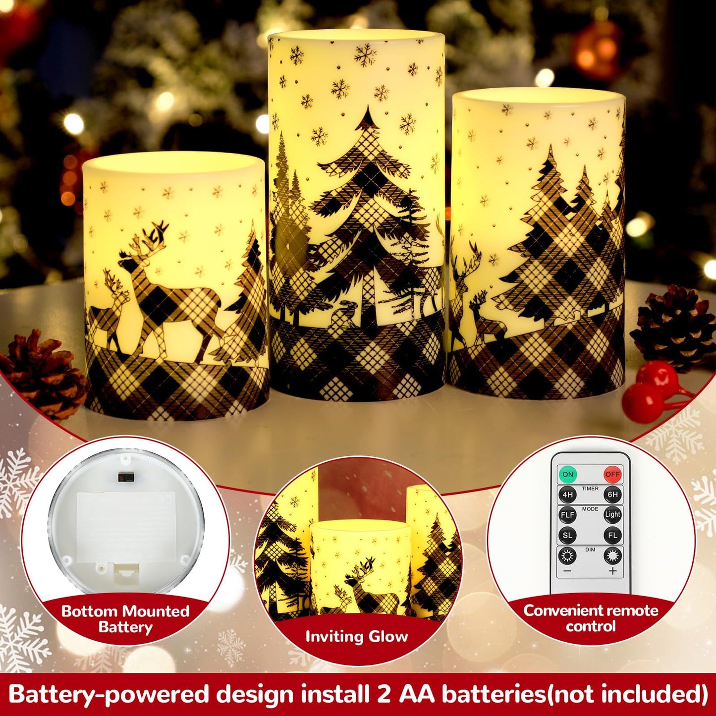 Lonfliness Black Buffalo Plaid Flameless Pillar Candles 3Pcs Christmas Flickering LED Pillar Battery Operated Candle with Remote Control Reindeer Candle Table Centerpiece for Winter Holiday Home Decor