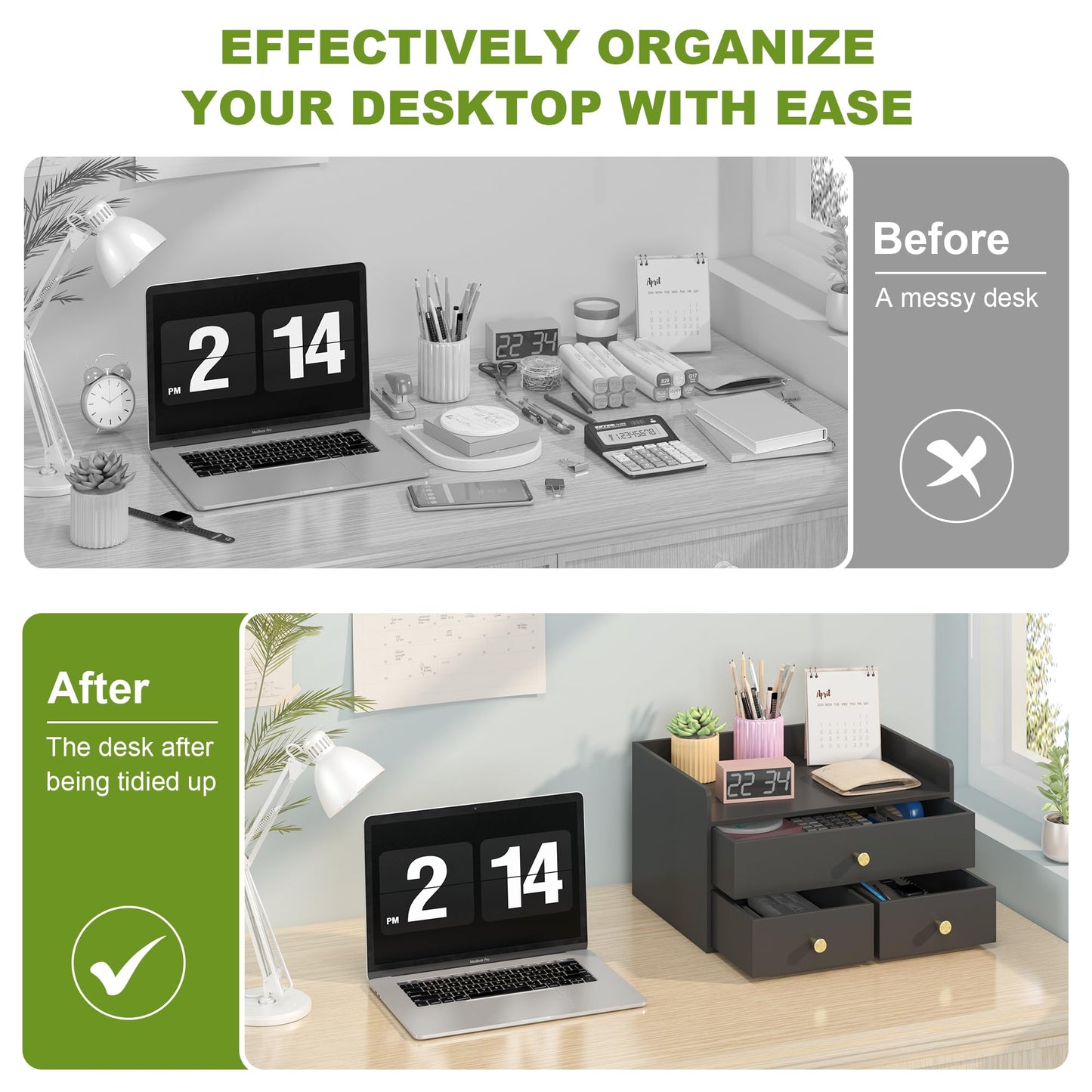 Xadgve Bamboo Desk Organizer - Stackable, No Assembly Required, Ideal for Office/Home Use - Perfect for Toiletries, Stationery, Accessories. (Black, Fence three Desk Organizer)