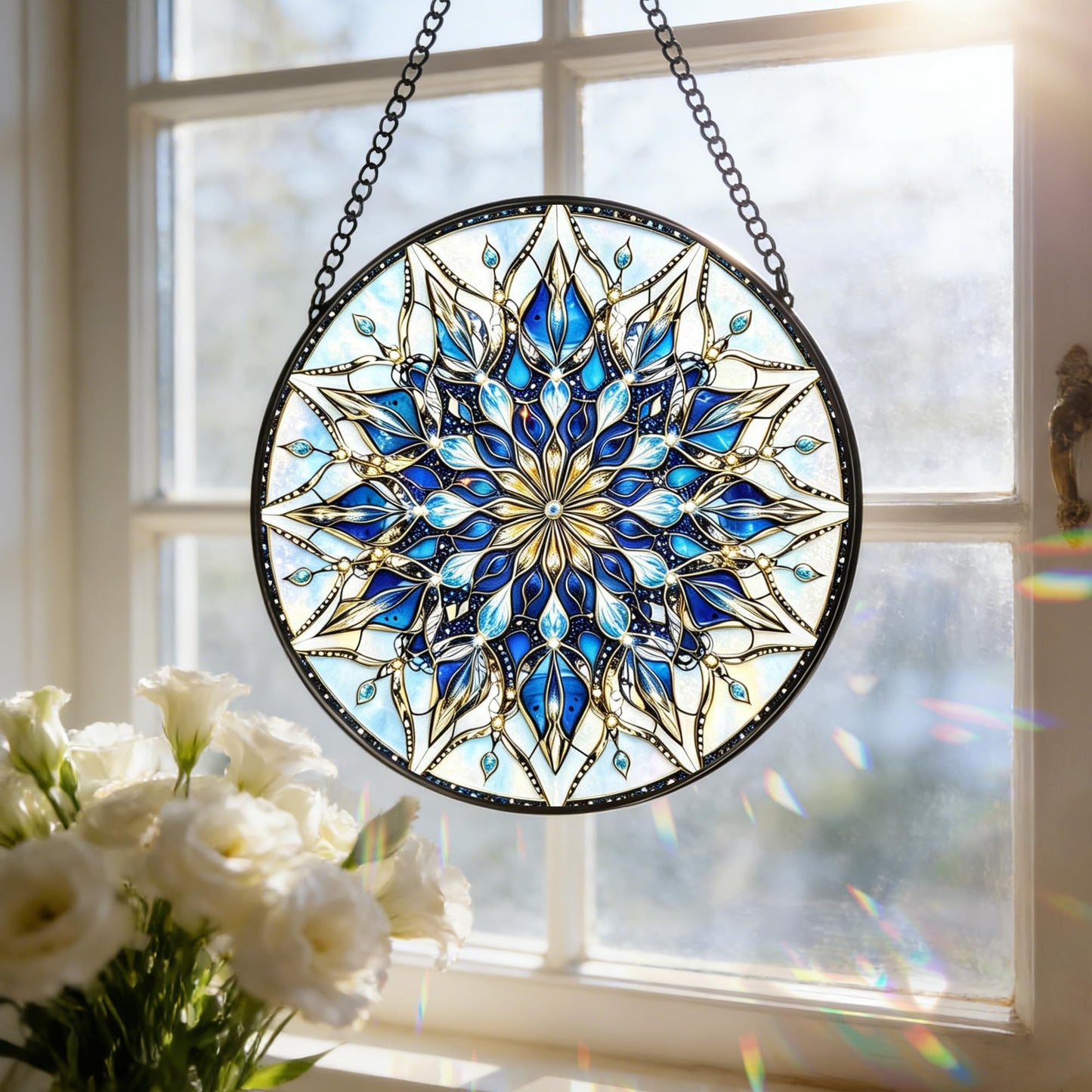 Stained Glass Window Hanging, 7.8 Inch Mandala Snowflake Christmas Suncatcher, Holiday Window Hanging Decor, Stained Glass Ornaments for Windows, Doors & Home Decor, Gifts for Christmas