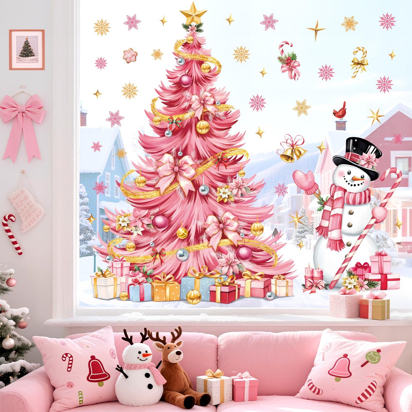 decalmile Large Pink Christmas Tree Window Wall Decals Xmas Tree Wall Stickers Pink Snowflakes Snowman Window Clings Christmas Party Door Home Wall Decorations