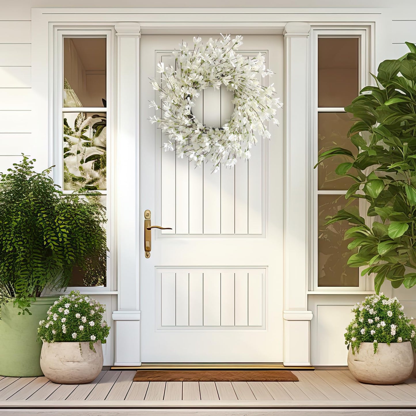 Spring Wreath for Front Door, 24 Inch White Cream Forsythia Spring Wreath Blossom Cluster Flower Farmhouse on Grapevine for Front Door Wall Window Hanging Décor Festival Celebration