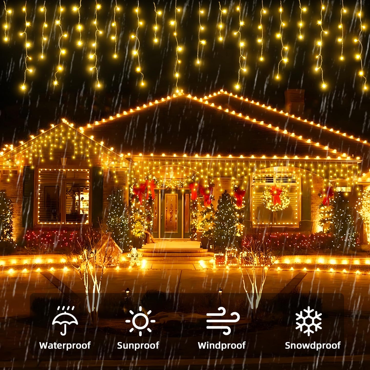 BYIZO Christmas Outdoor Icicle Lights - 480 LED 66+33 FT 8 Modes Curtain Fairy String Light Plug in, Waterproof for Eaves Yard Holiday Xmas Holiday Indoor Outdoor Decoration - Warm White