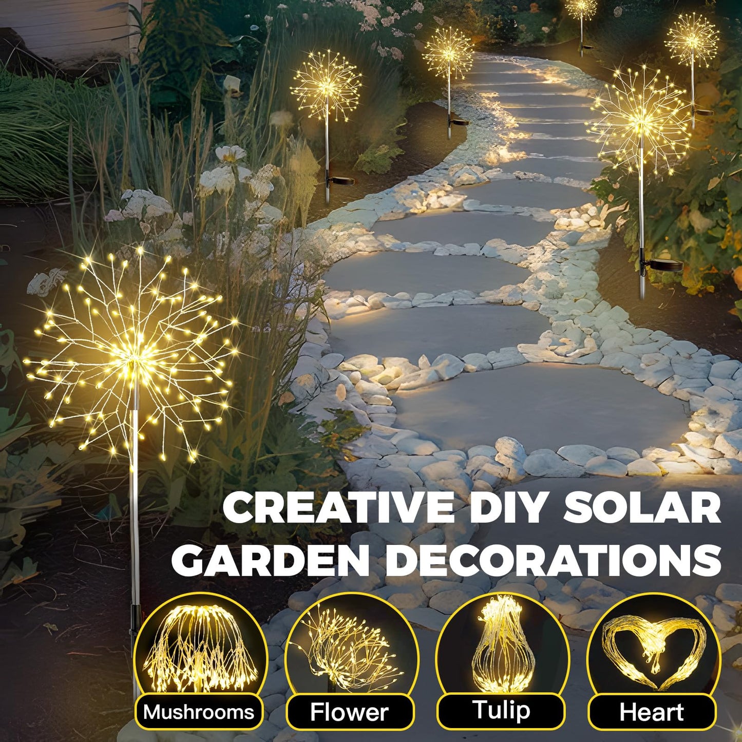 suddus Solar Garden Lights Outdoor Waterproof Decorative, 2Pack 150LED Firework Lights, Solar Fairy Lights for Yard, Garden, Party, Patio, Pathway, Flowerbed - Warm White
