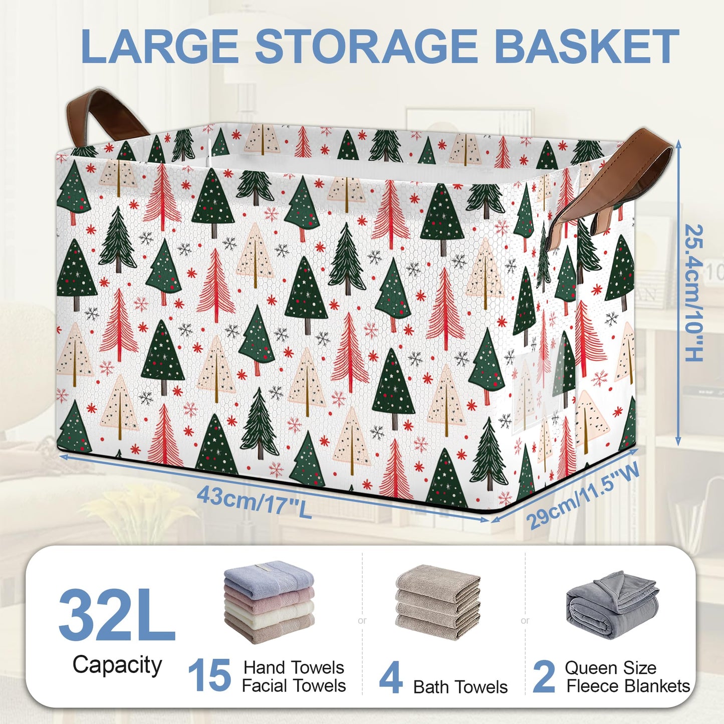 Masarua Christmas Tree Collapsible Storage Box,Winter Organizer Bin with Handles for Room Decoration,Bins Book Basket Box 17x11.5x10Inch