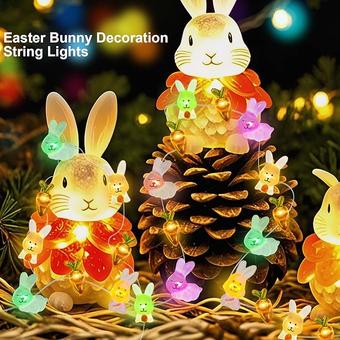 Easter Decorations Bunny Carrot String Lights, 16 ft 50 LED Spring Rabbit Lights for Lawns Garden Outdoor Holiday Party Easter Basket Stuffers (2 Pack)