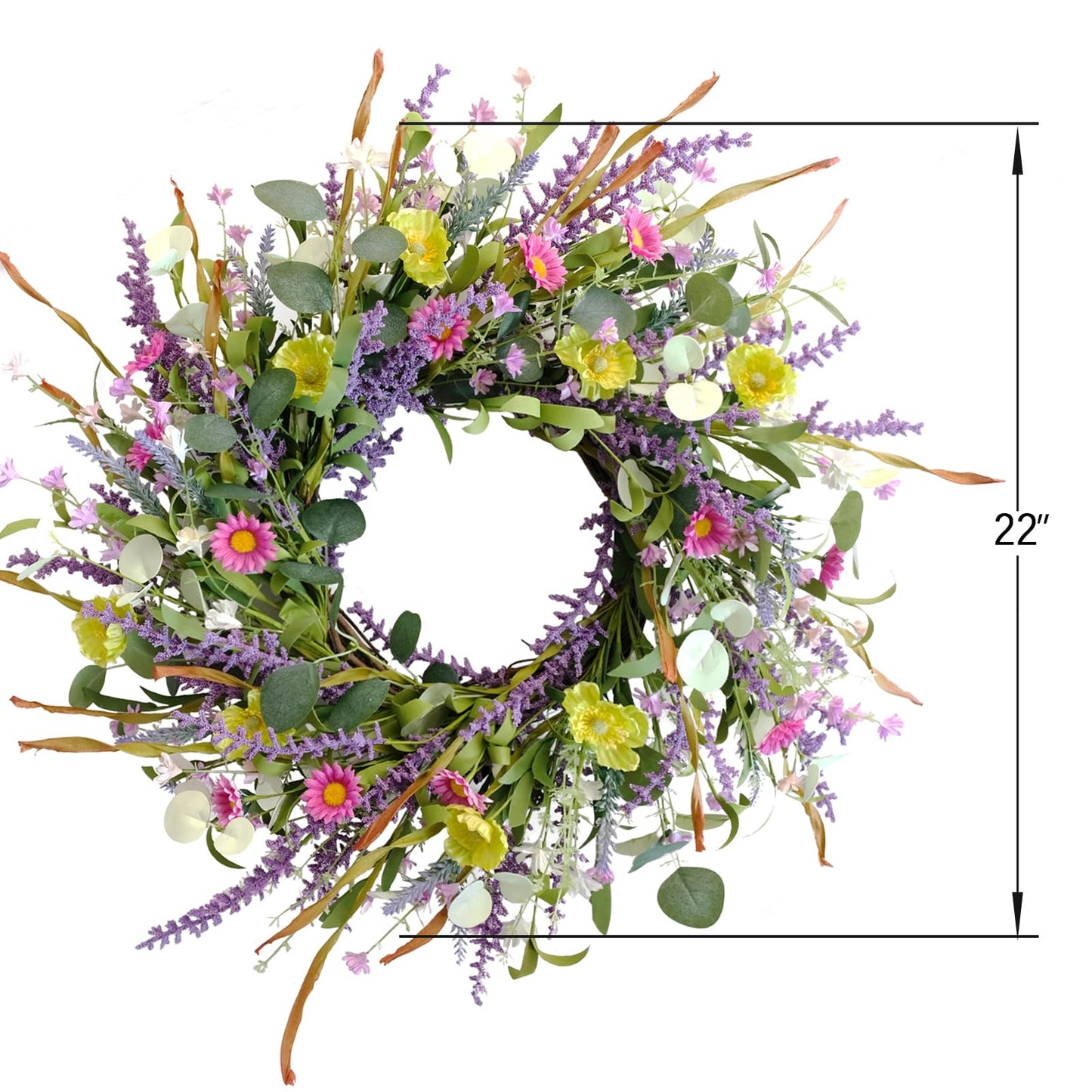 Idyllic 20 Inch Spring Summer Wild Flower Artificial Daisy Front Door Wreath, Everyday Greenery Eucalyptus Leaves for Indoor and Outdoor Use, Rustic Farmhouse Style Home Wreath Decor