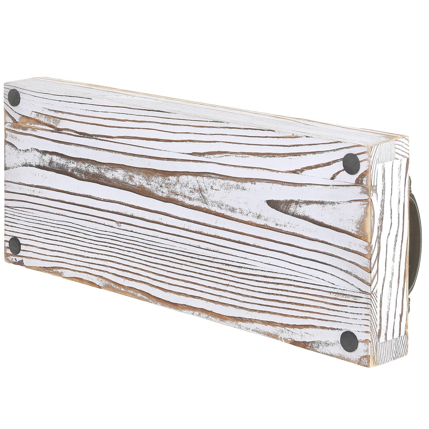 MyGift Weathered White Solid Wood Toilet Tank Tray, 16 Inch Rectangular Bathroom Vanity Tray with Aged Bronze Metal Handles