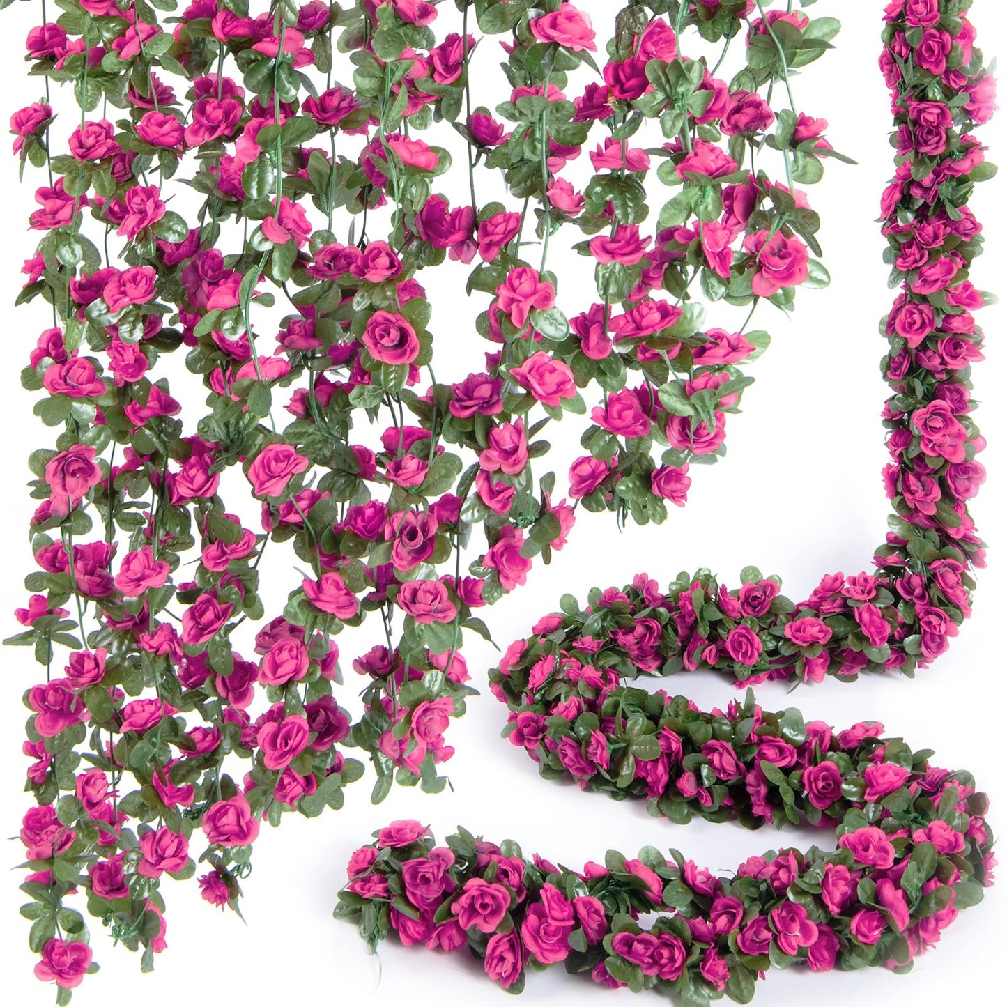PONKING 8 Pcs x 8.2 ft Flower Garland Artificial Rose Vine Flowers with Green Leaves Hanging Fake Roses Vine for Room Party Home Wedding Birthday Christmas Wall Arch Decor, Spring Magenta Flower